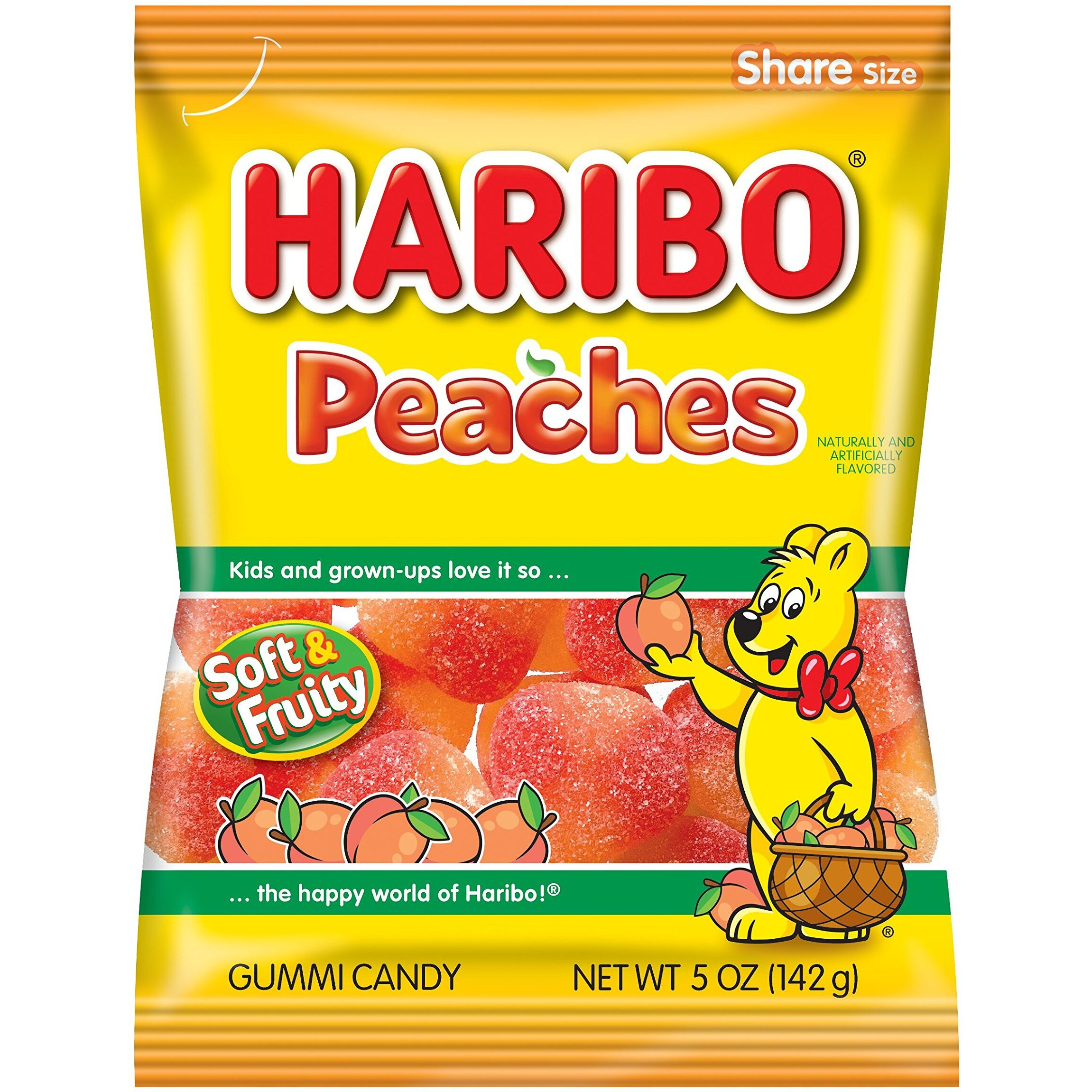 Haribo Gummi Candy, Peaches, 5 Oz. Bag (Pack Of 12)