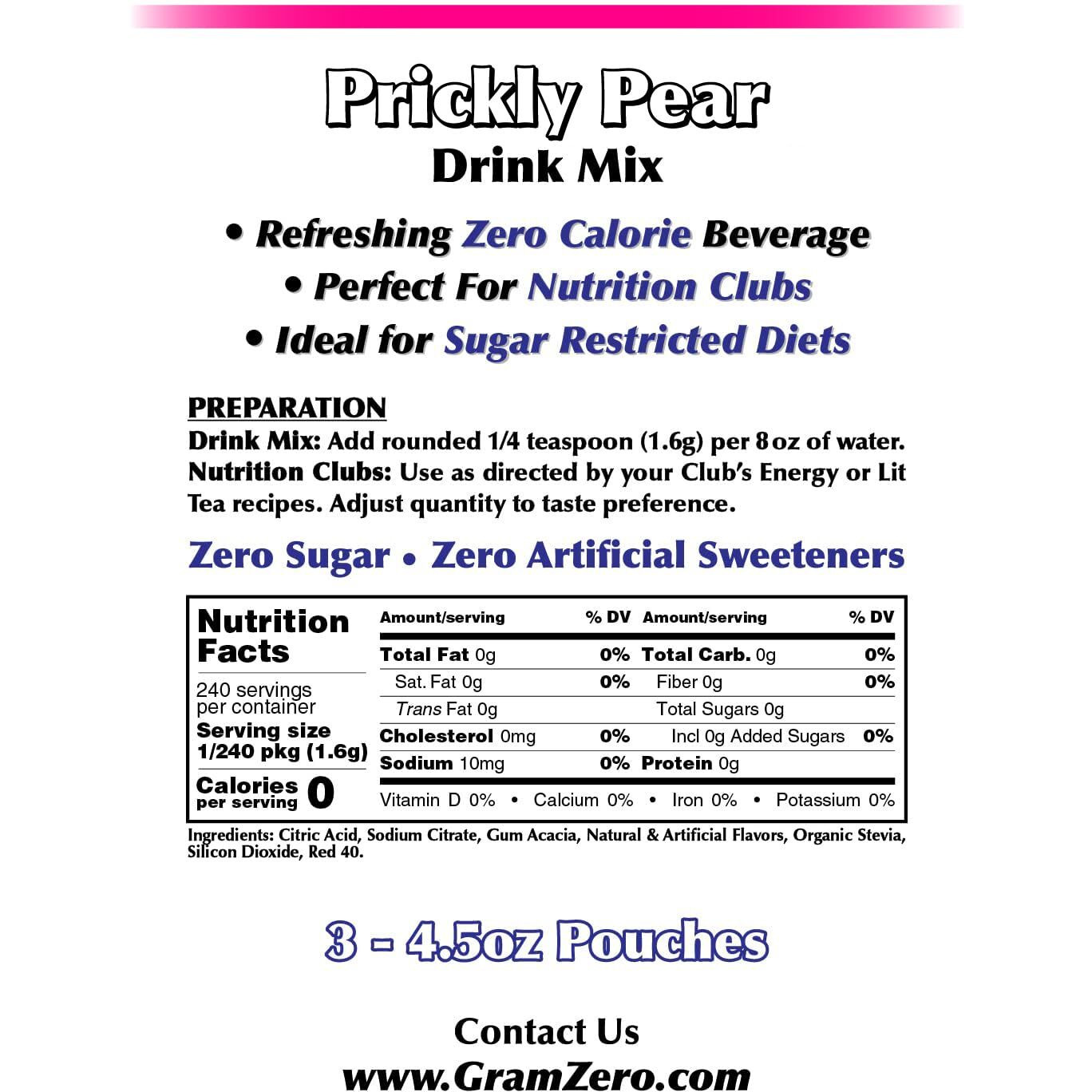 Gramzero Prickly Pear Zero Calorie Sugar Free Drink Mix, Great For Nutrition Club Loaded Tea, Stevia Sweetened
