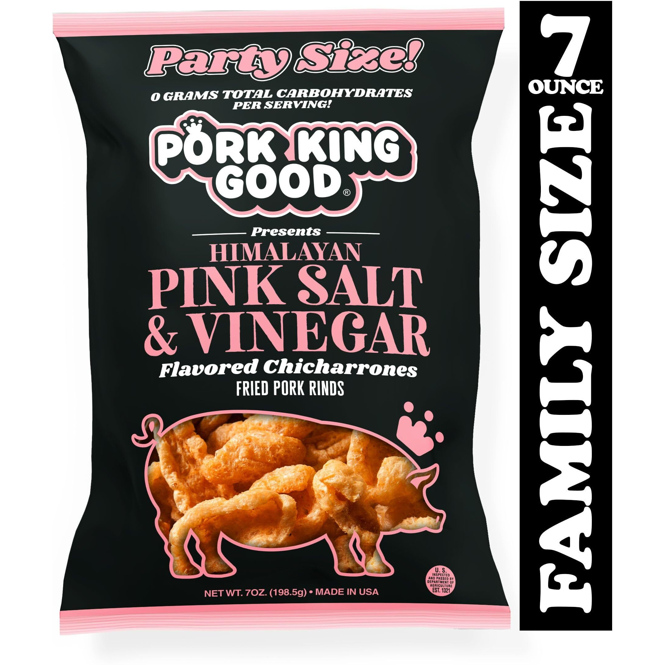 Pork King Good Himalayan Pink Salt & Vinegar Pork Rinds 7 Oz Family Size (Chicharrones - Keto Snacks)