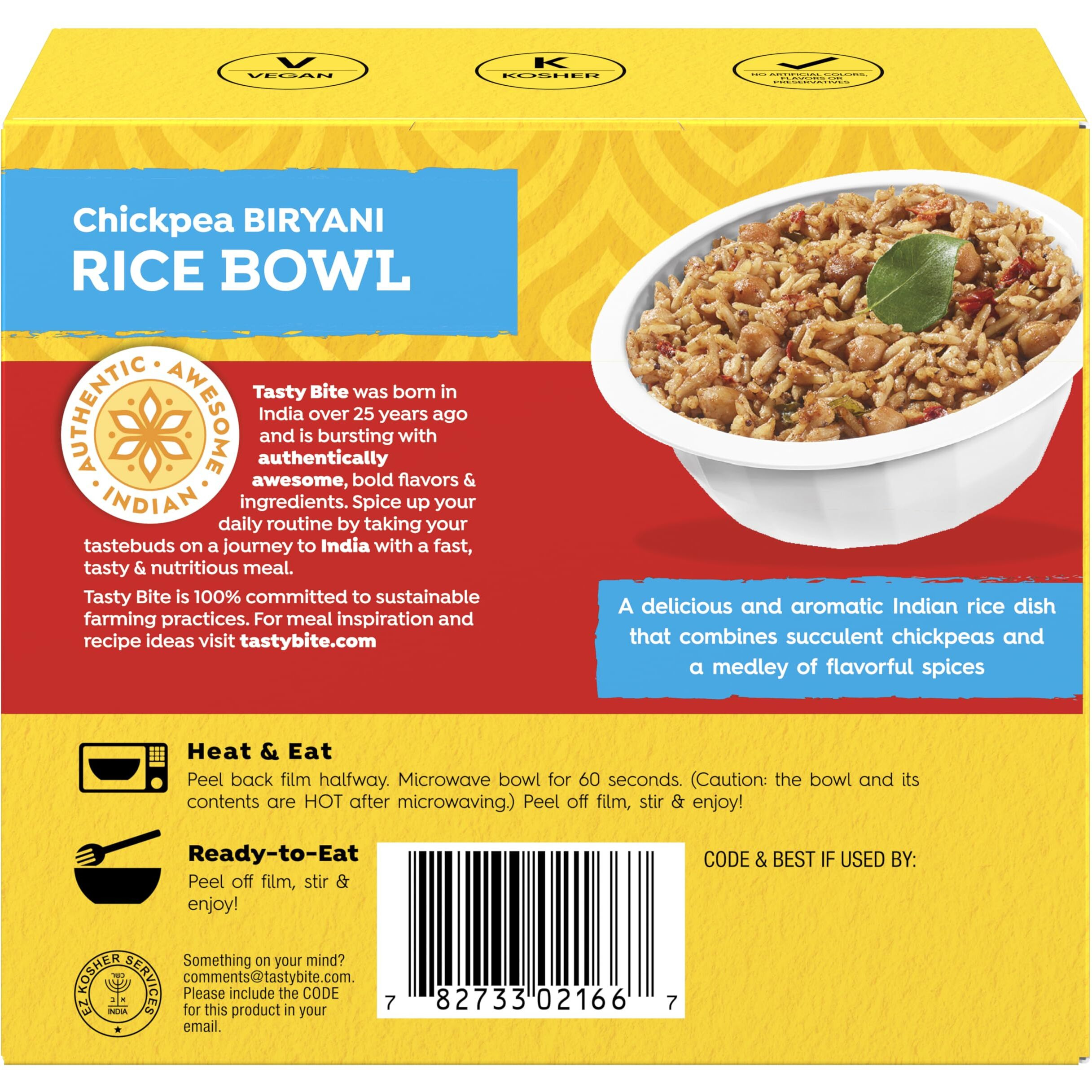 Tasty Bite Chickpea Biryani Rice Bowl, Ready To Eat, Microwaveable, Gluten Free, 7 Ounce (Pack Of 6)