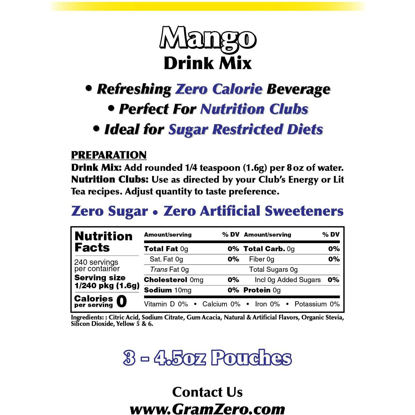Gramzero Mango Zero Calorie Sugar Free Drink Mix, Great For Nutrition Club Loaded Tea, Stevia Sweetened