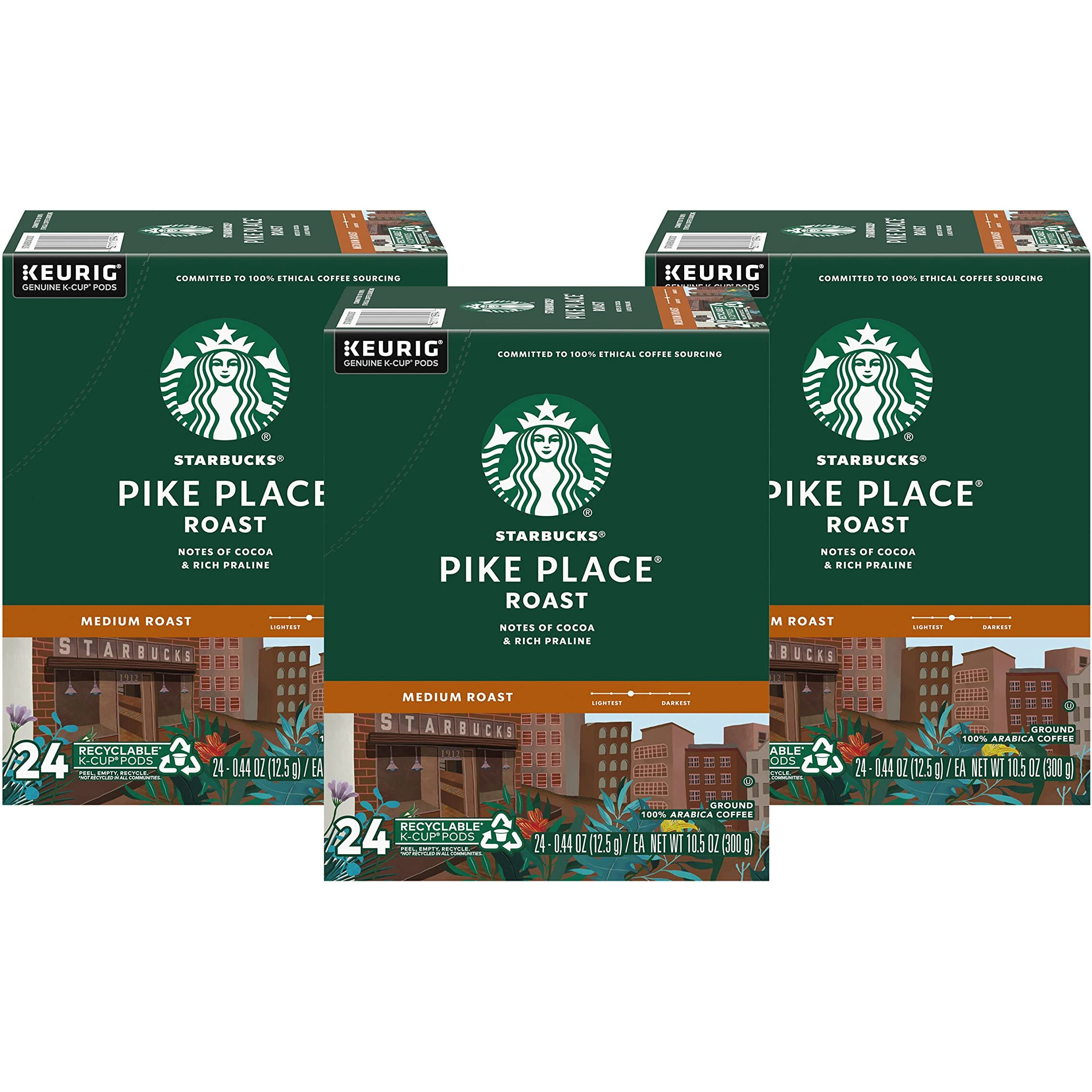 Starbucks Coffee K-Cup Pods, Pike Place Roast, Medium Roast Coffee, Notes Of Cocoa & Rich Praline, Keurig Genuine K-Cup Pods, 24 Count (Pack Of 3)