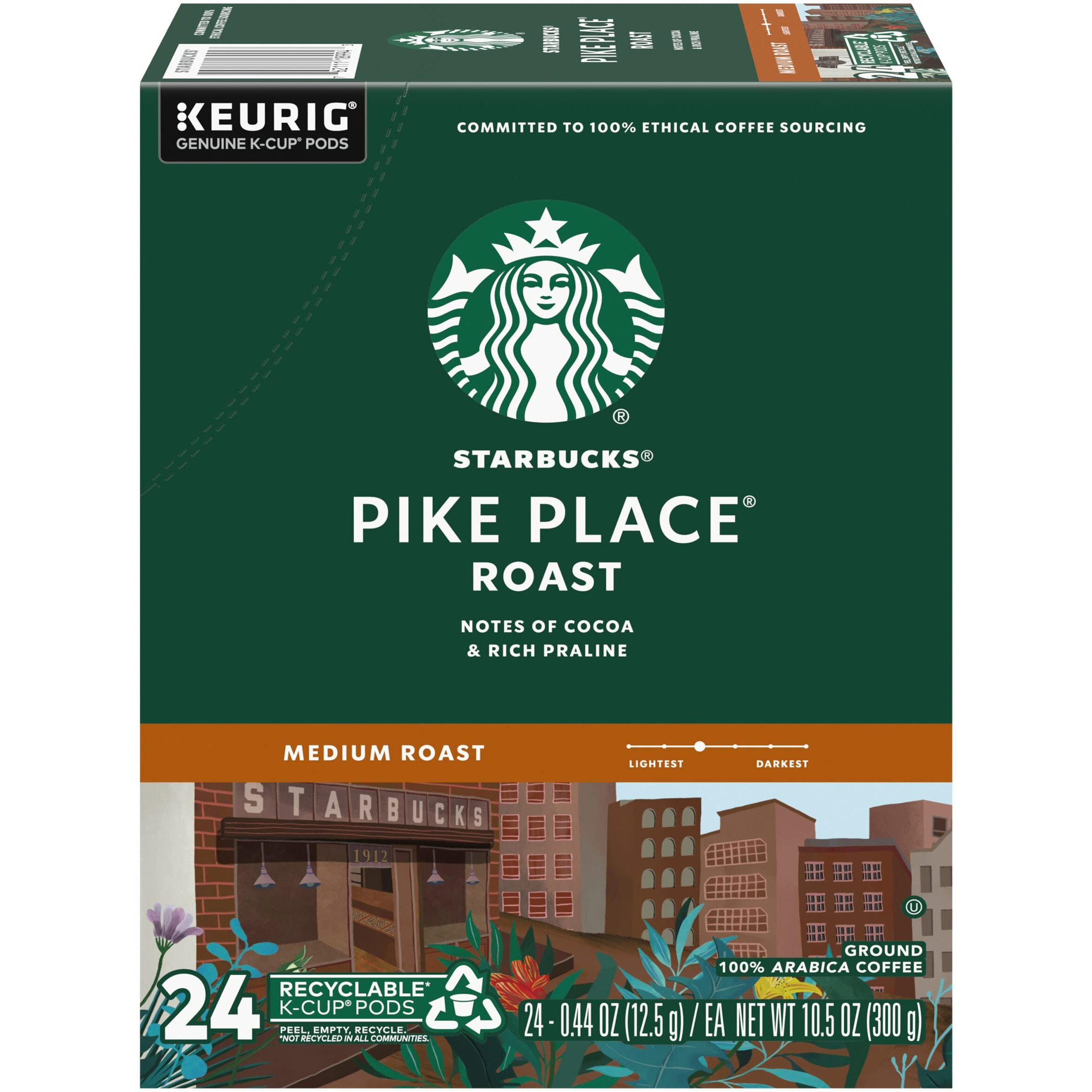 Starbucks Coffee K-Cup Pods, Pike Place Roast, Medium Roast Coffee, Notes Of Cocoa & Rich Praline, Keurig Genuine K-Cup Pods, 24 Count (Pack Of 3)