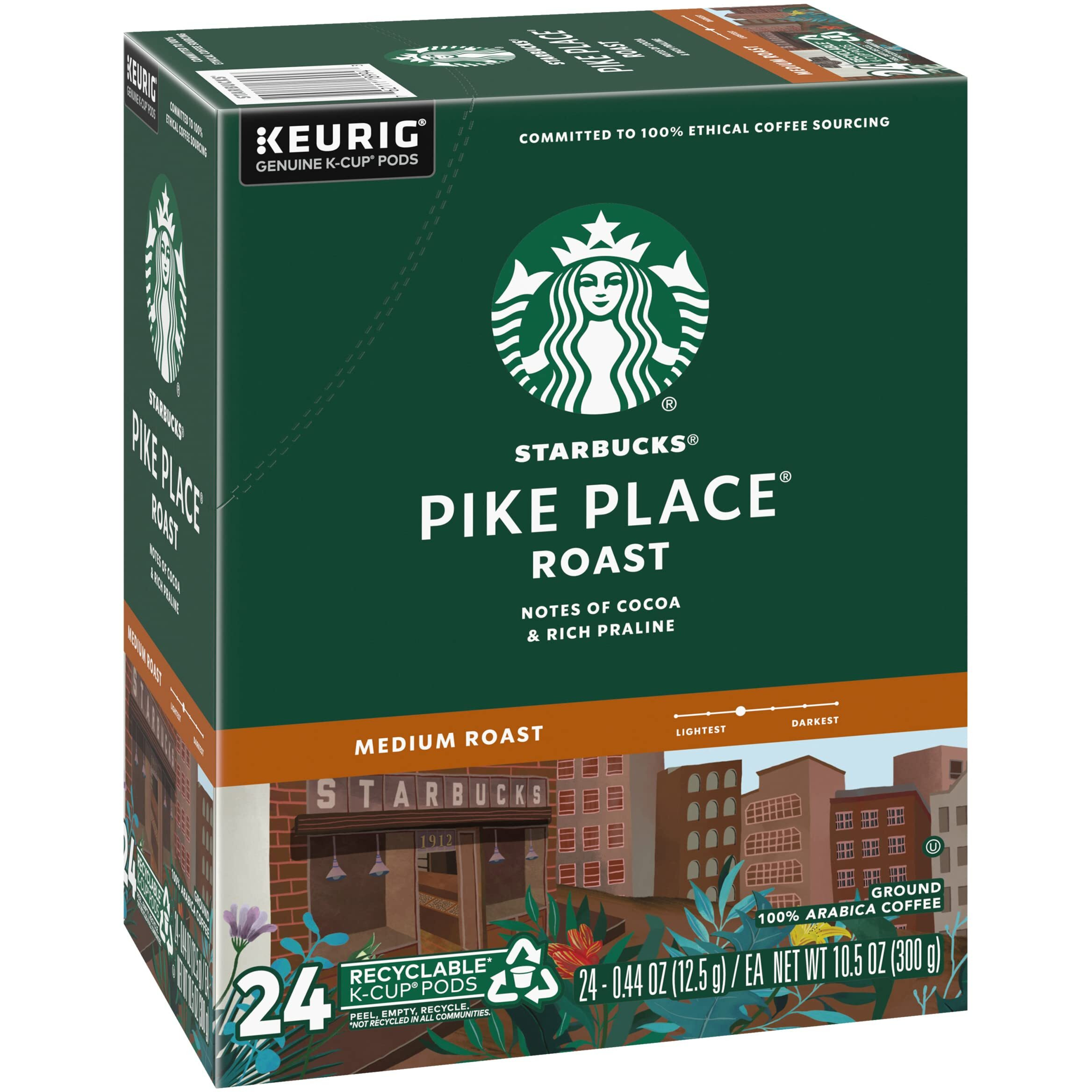 Starbucks Coffee K-Cup Pods, Pike Place Roast, Medium Roast Coffee, Notes Of Cocoa & Rich Praline, Keurig Genuine K-Cup Pods, 24 Count (Pack Of 3)