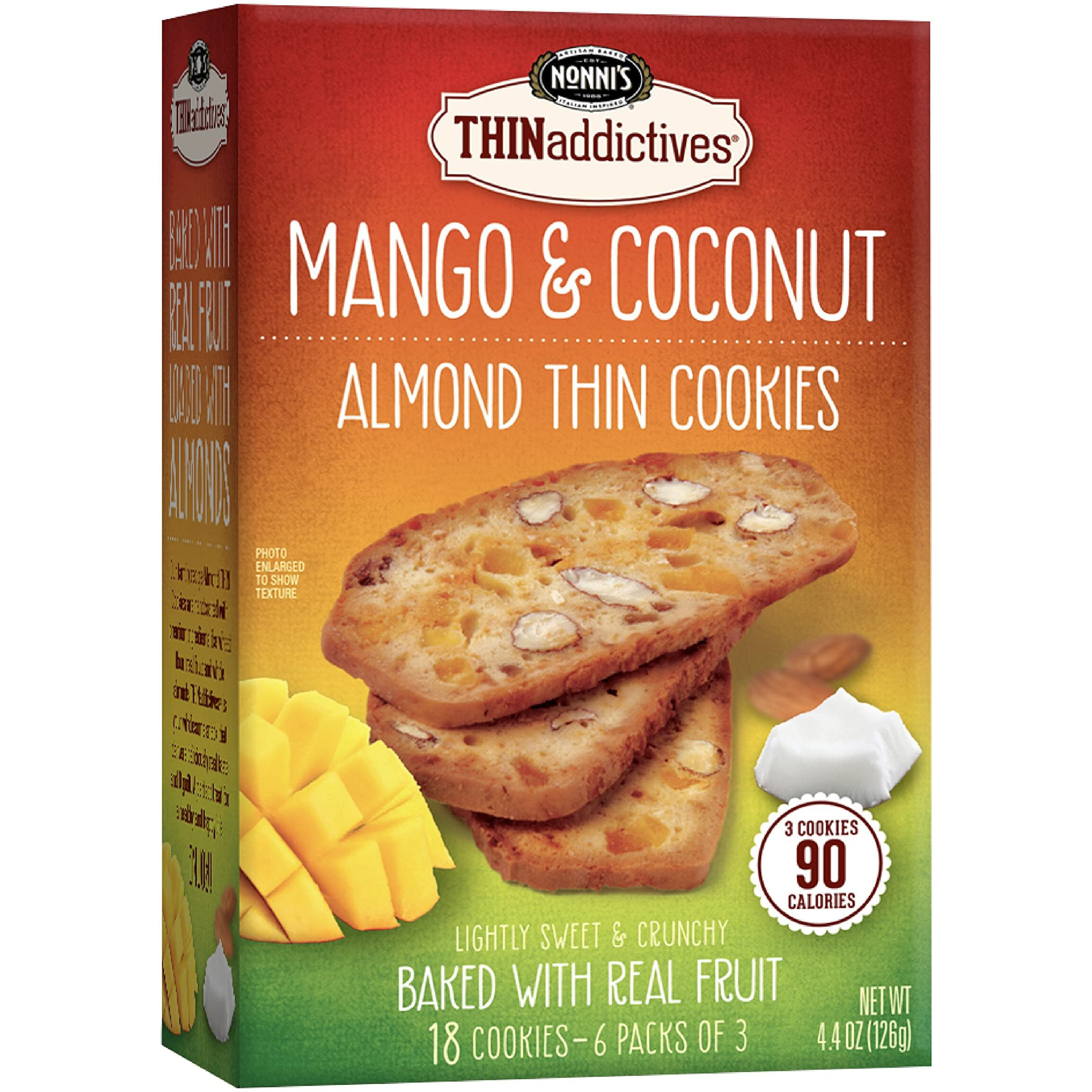 Nonni's Thinaddictives Almond Thin Cookies - Mango & Coconut Biscotti Italian Cookie Thins - Sweet Crunchy & Chewy Almond Cookies - Biscotti Individually Wrapped Cookies - Kosher Coffee Cookies 4.4 Oz