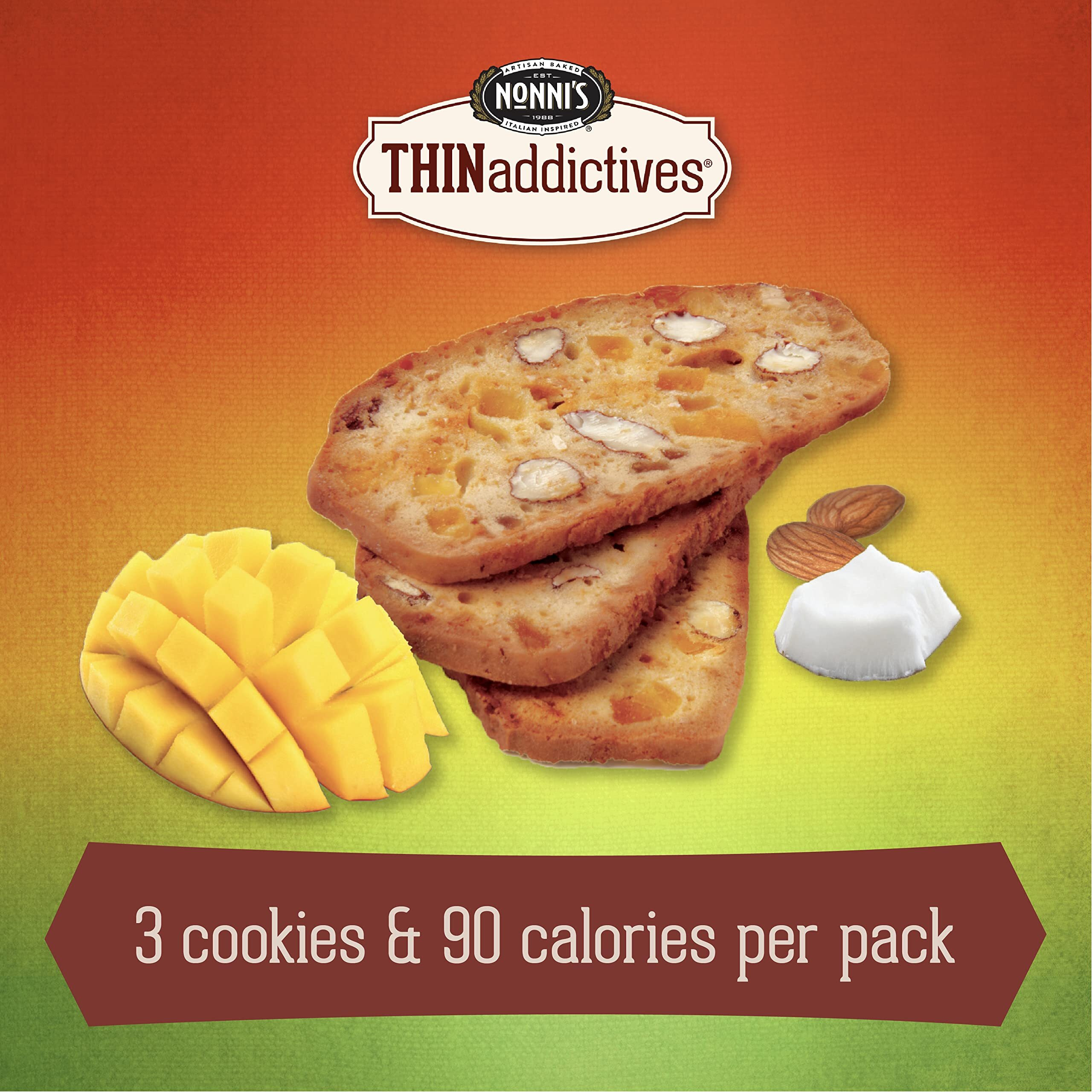 Nonni's Thinaddictives Almond Thin Cookies - Mango & Coconut Biscotti Italian Cookie Thins - Sweet Crunchy & Chewy Almond Cookies - Biscotti Individually Wrapped Cookies - Kosher Coffee Cookies 4.4 Oz