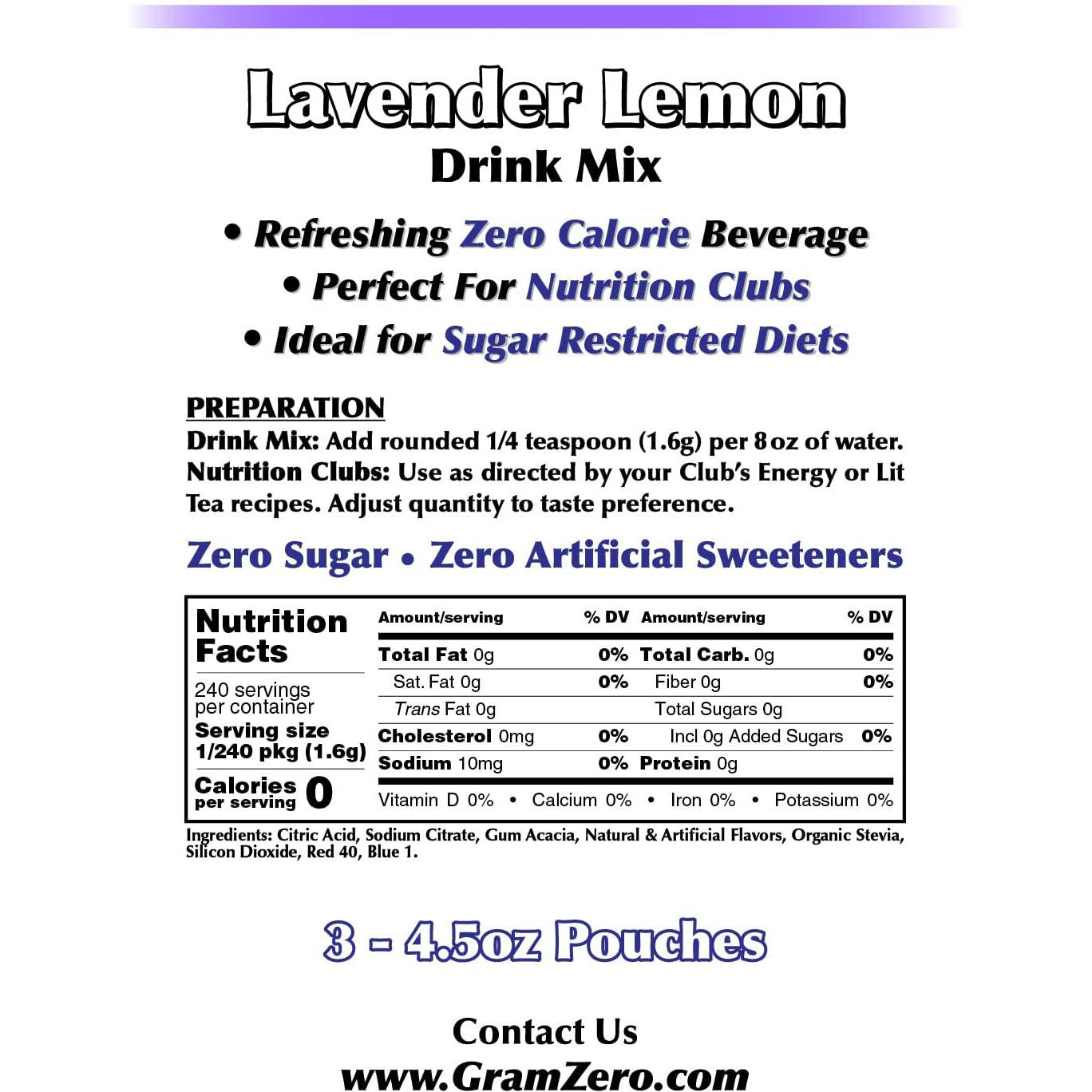 Gramzero Lavender Lemon Zero Calorie Sugar Free Drink Mix, Great For Nutrition Club Loaded Tea, Stevia Sweetened