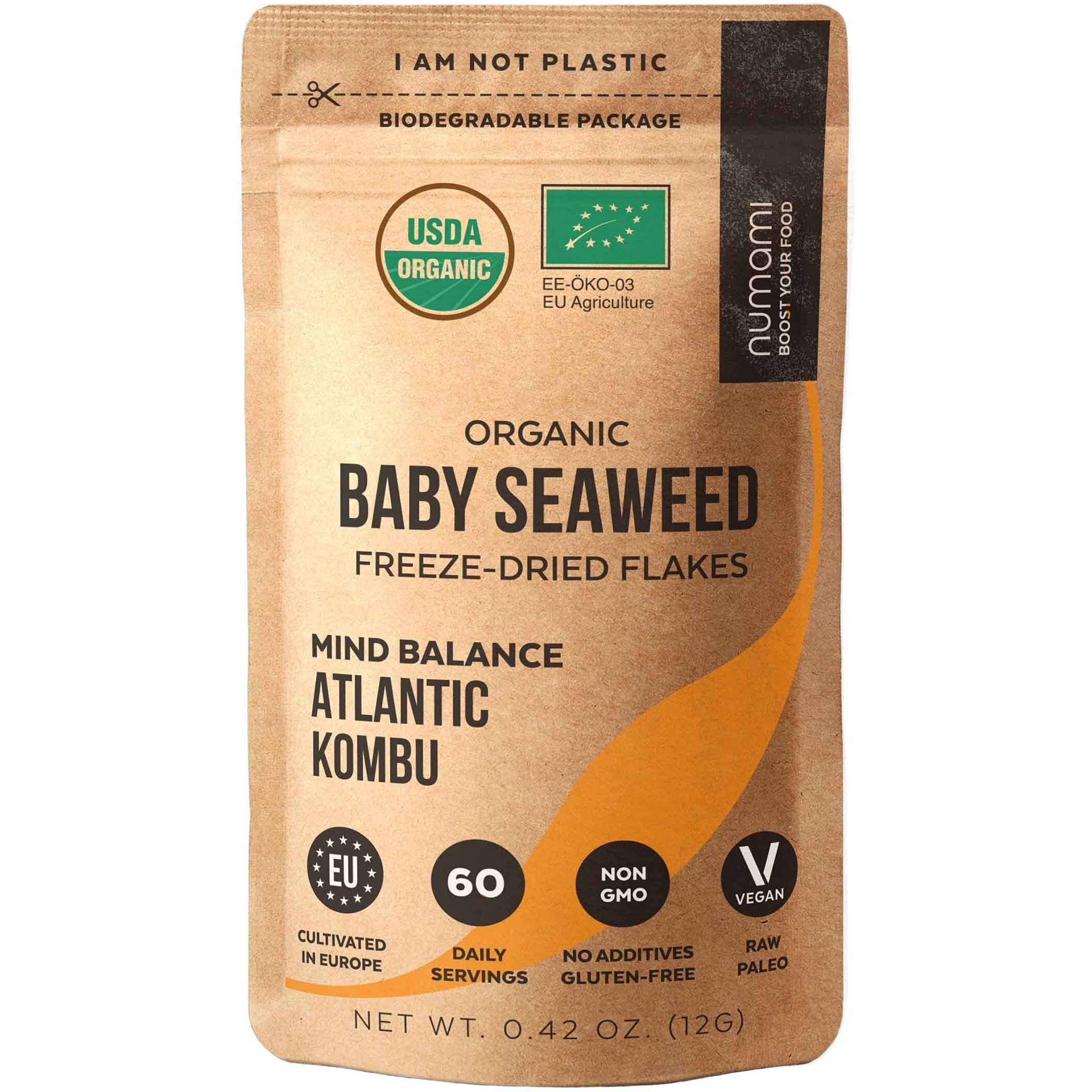 Organic Kombu Kelp Flakes - Young Baby Seaweed Grown In North Atlantic, Premium Quality Freeze-Dried For Higher Vitamin Content. Soft Texture & Mild Taste.  Tsp For Daily Vitamins. 60 Servings