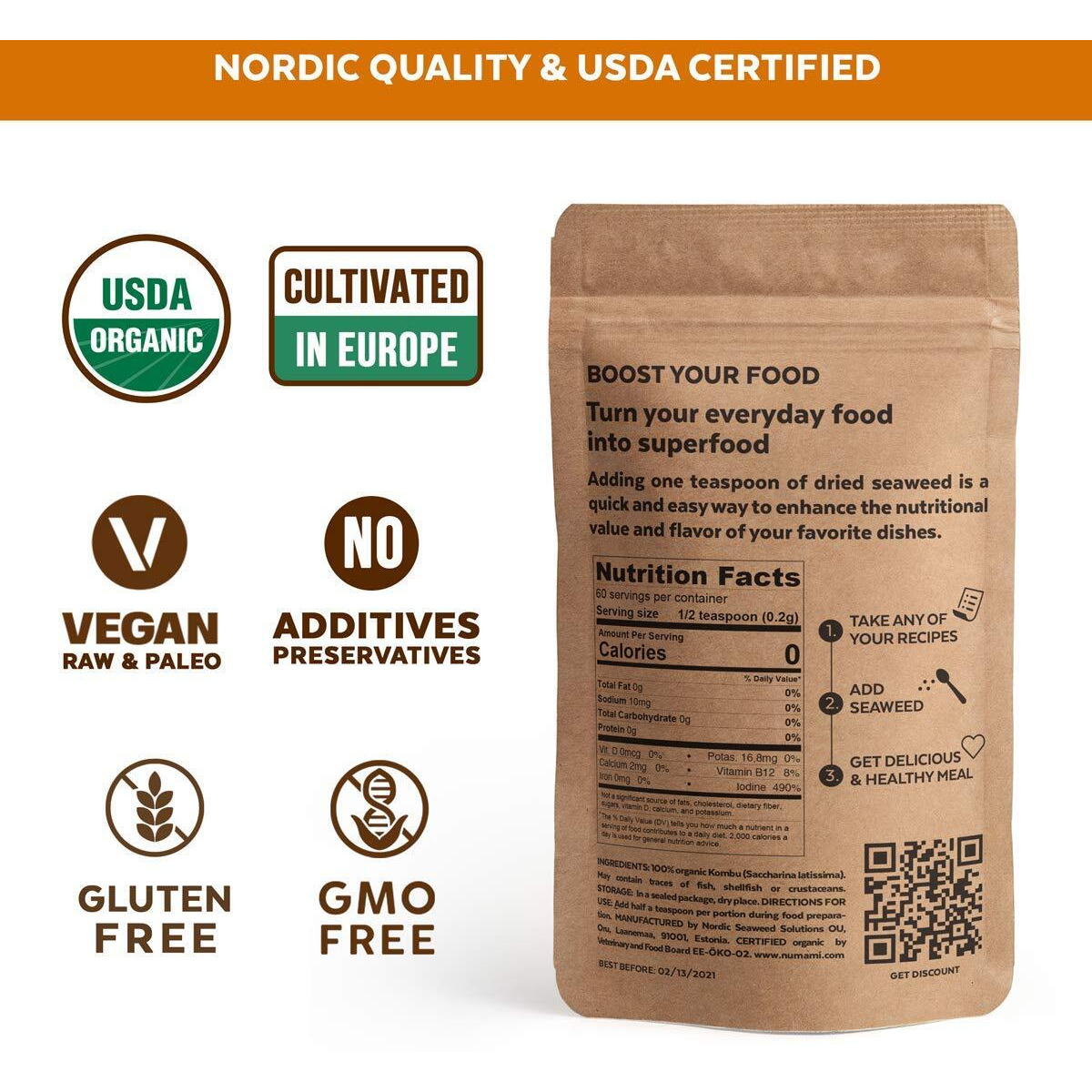 Organic Kombu Kelp Flakes - Young Baby Seaweed Grown In North Atlantic, Premium Quality Freeze-Dried For Higher Vitamin Content. Soft Texture & Mild Taste.  Tsp For Daily Vitamins. 60 Servings