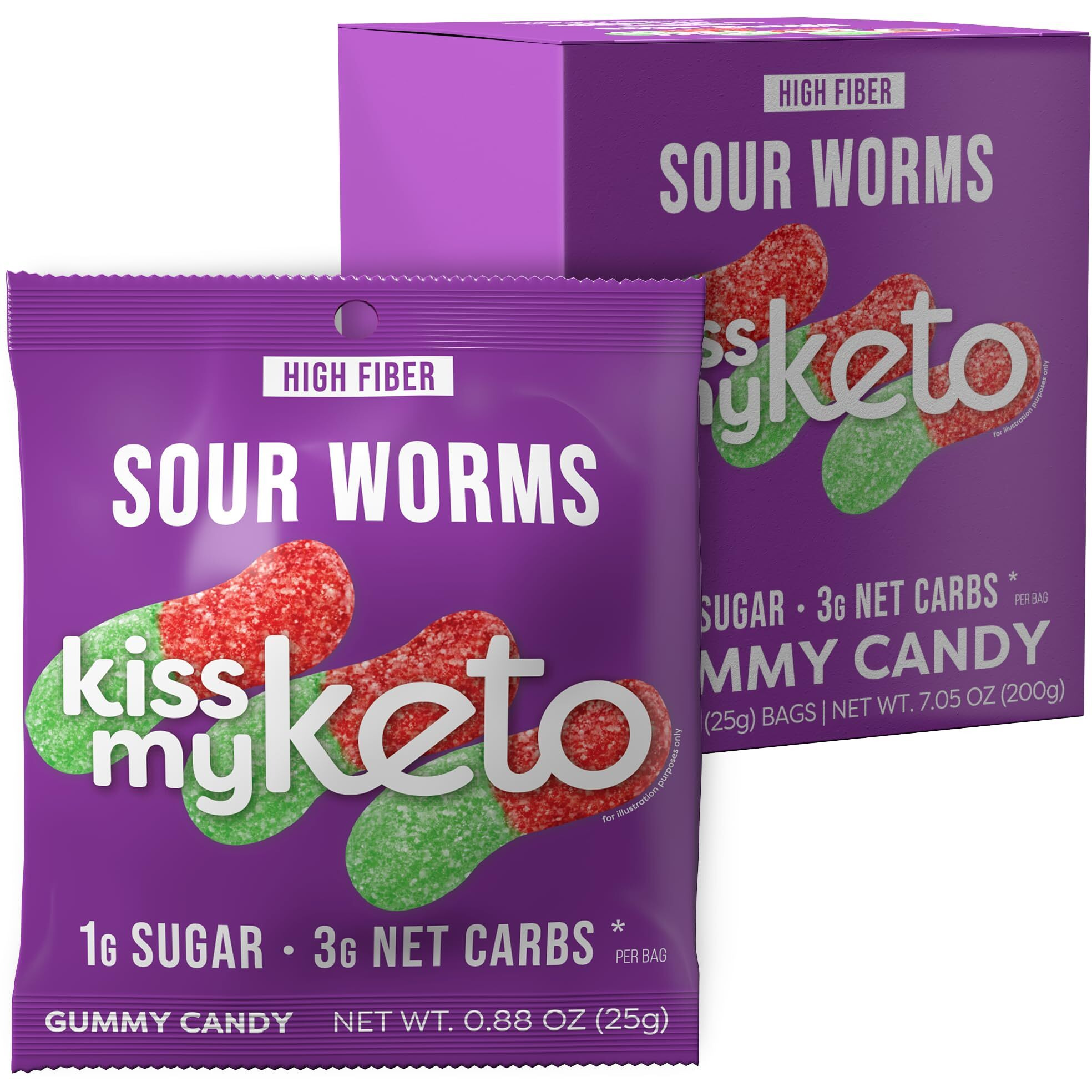 Kiss My Keto Sour Gummy Worms - 1G Sugar, Low Carb, High Fiber, Non-Gmo Sour Gummies Candy - Healthy Sour Worms Candy, Delicious Sour Gummy Candy Gummy Worm - Gummy Worms Individual Packets (8-Pack)