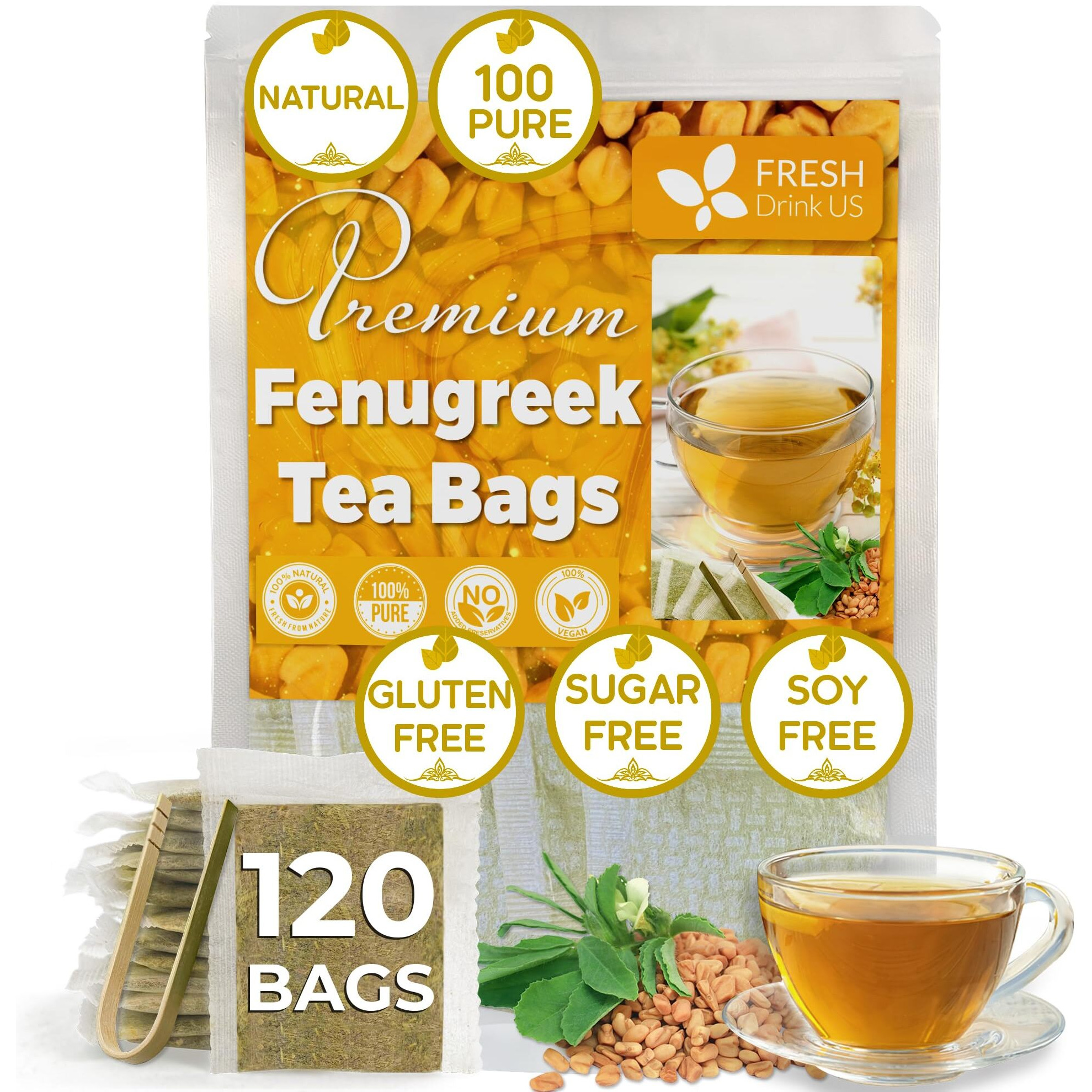 Freshdrinkus, Premium 120 Fenugreek Tea Bags, 100% Natural & Pure From Fenugreek. Fenugreek Herbal Tea. Made With Natural Material Tea Bags. No Sugar, No Caffeine, No Gluten, Vegan.