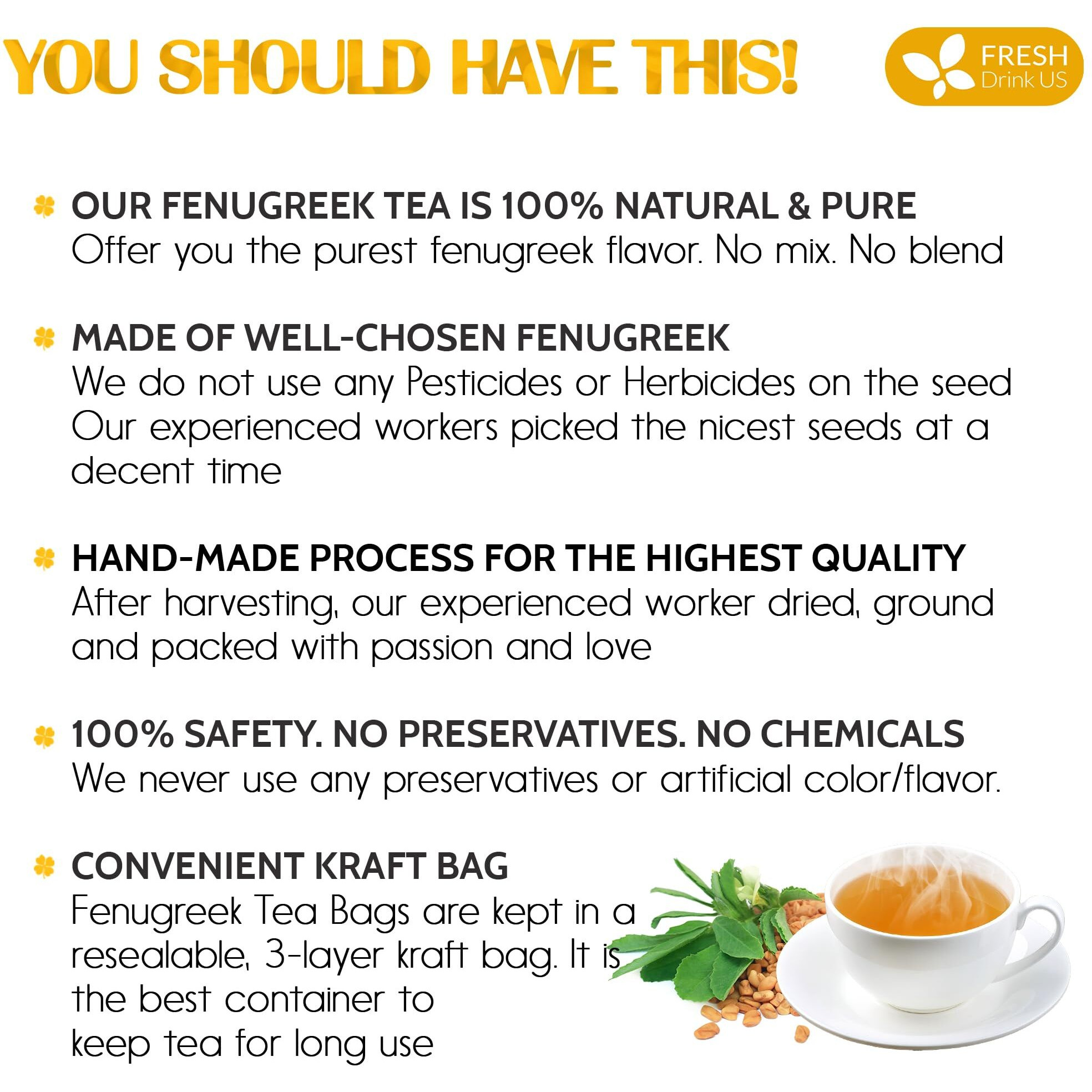 Freshdrinkus, Premium 120 Fenugreek Tea Bags, 100% Natural & Pure From Fenugreek. Fenugreek Herbal Tea. Made With Natural Material Tea Bags. No Sugar, No Caffeine, No Gluten, Vegan.