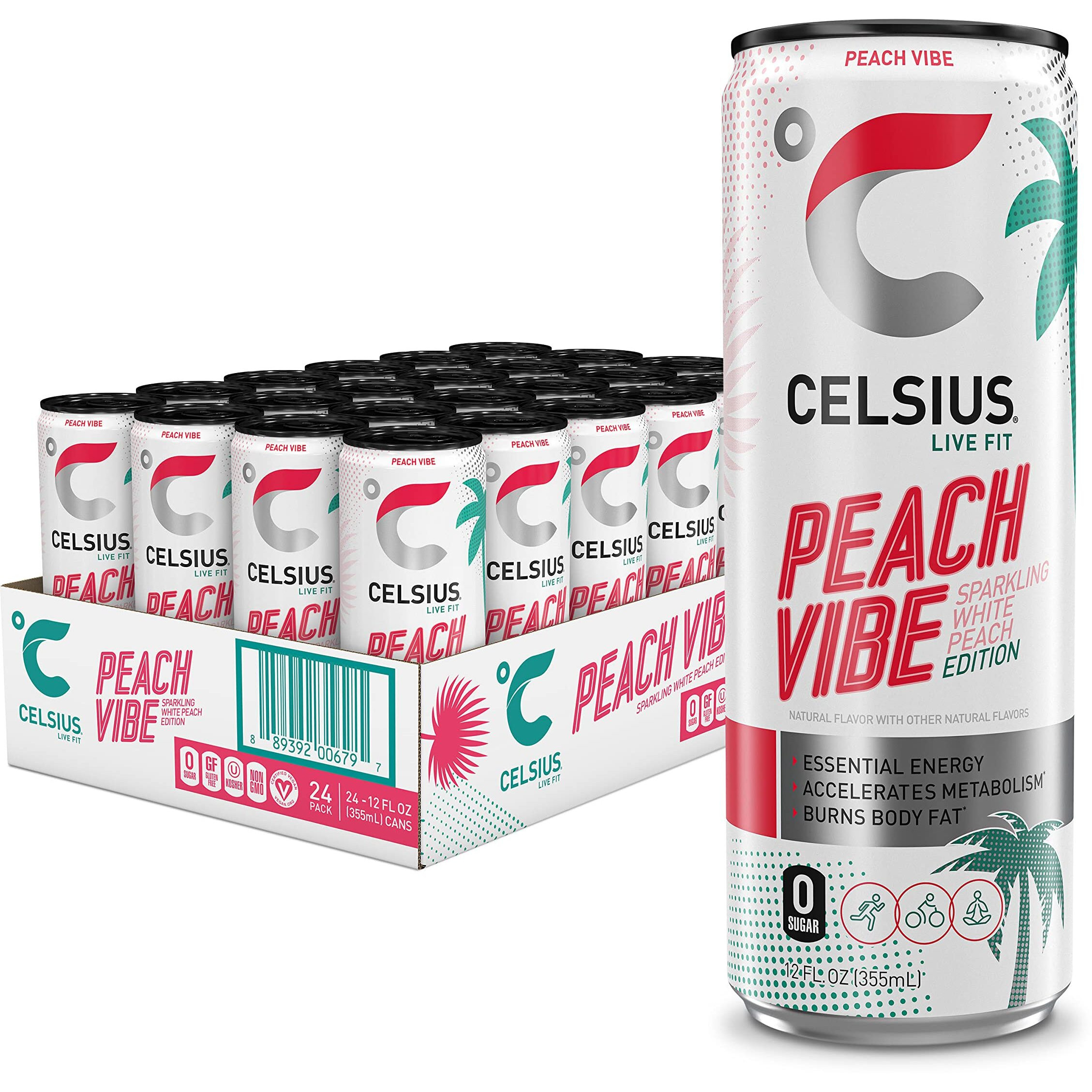 Celsius Sparkling Peach Vibe, Functional Essential Energy Drink, 12 Fl Oz (Pack Of 24) Visit The Celsius Store