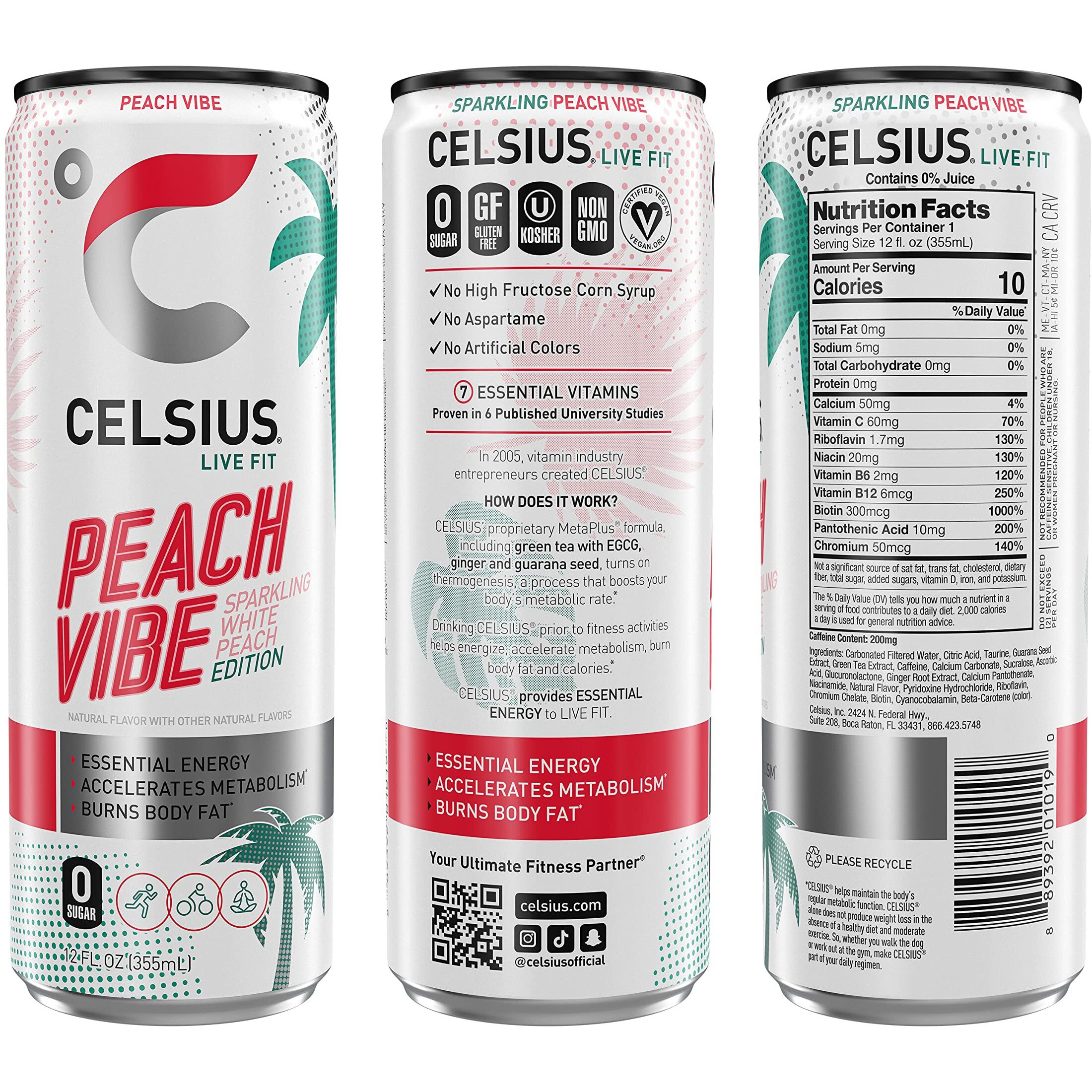 Celsius Sparkling Peach Vibe, Functional Essential Energy Drink, 12 Fl Oz (Pack Of 24) Visit The Celsius Store