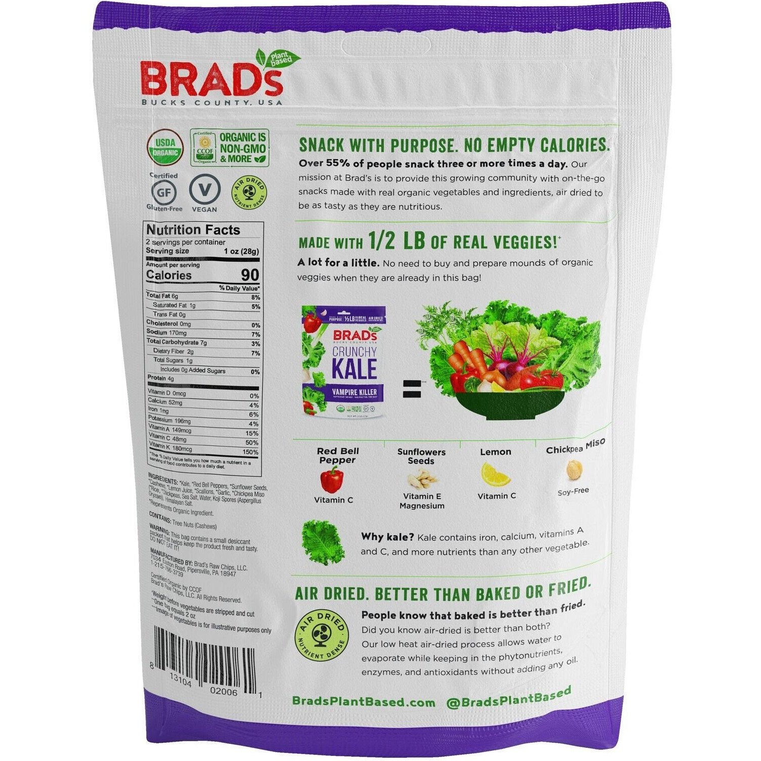 Brad's Plant Based Organic Crunchy Kale, Vampire Killer, 12 Bags, 24 Servings Total