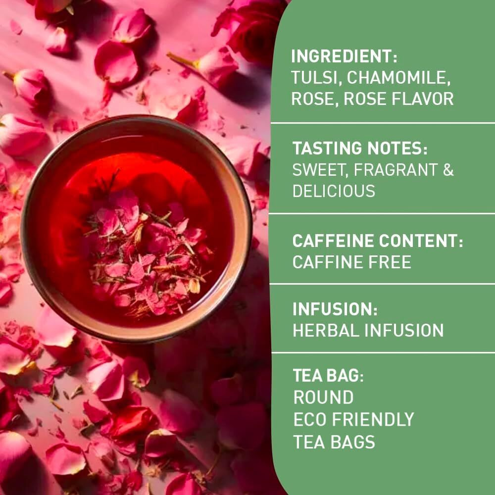 Handpick, Rose Buds Herbal Tea Bags - 50 Count | Caffeine Free Rose Tulsi Tea With Chamomile & Rose Extracts | Floral & Smooth | Round Eco-Conscious Tea Bags