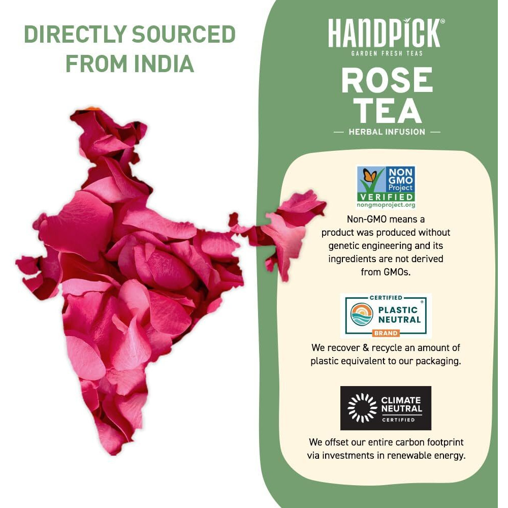 Handpick, Rose Buds Herbal Tea Bags - 50 Count | Caffeine Free Rose Tulsi Tea With Chamomile & Rose Extracts | Floral & Smooth | Round Eco-Conscious Tea Bags