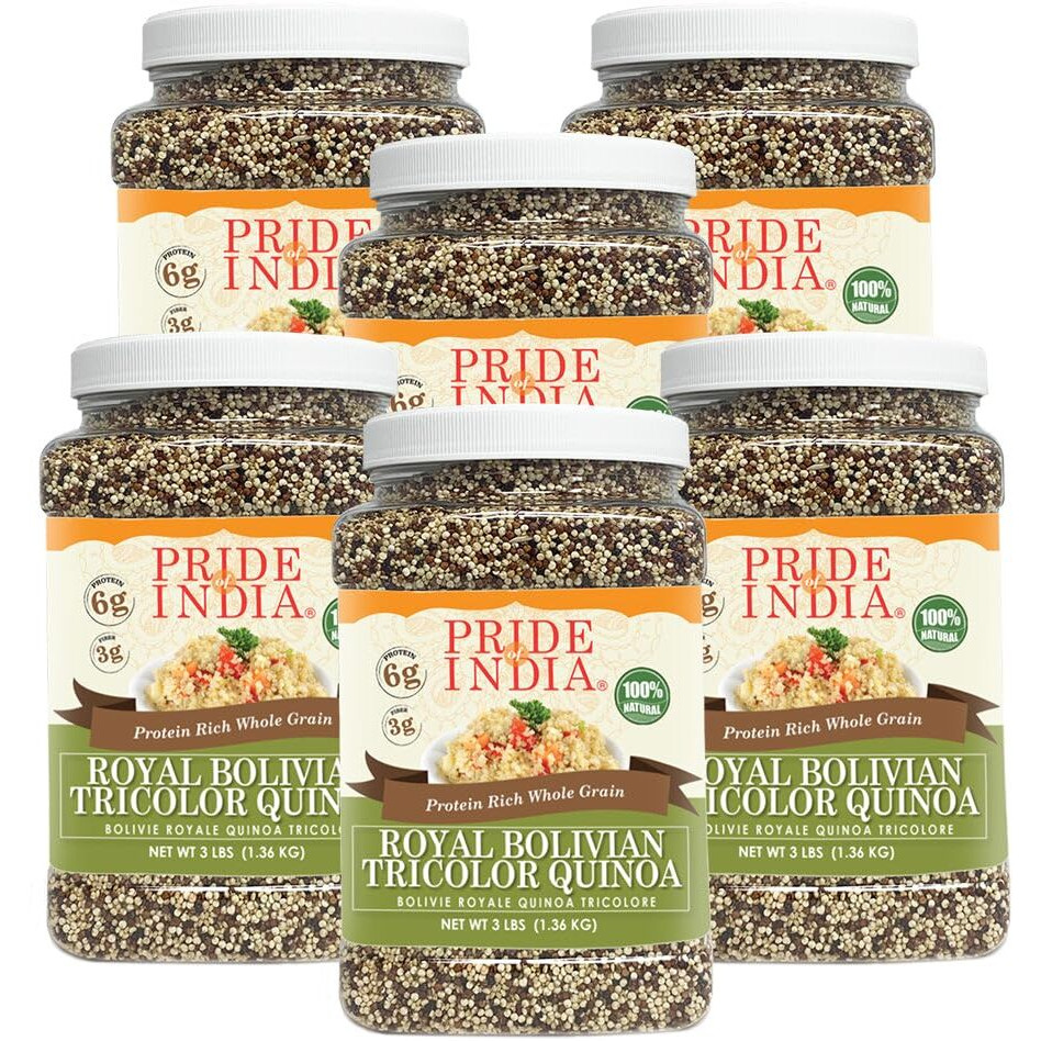 Pride Of India - Pack Of 6 - Natural Three Color Bolivian Royal Quinoa - Protein Rich Whole Grain Jar, 3 Lbs Jar