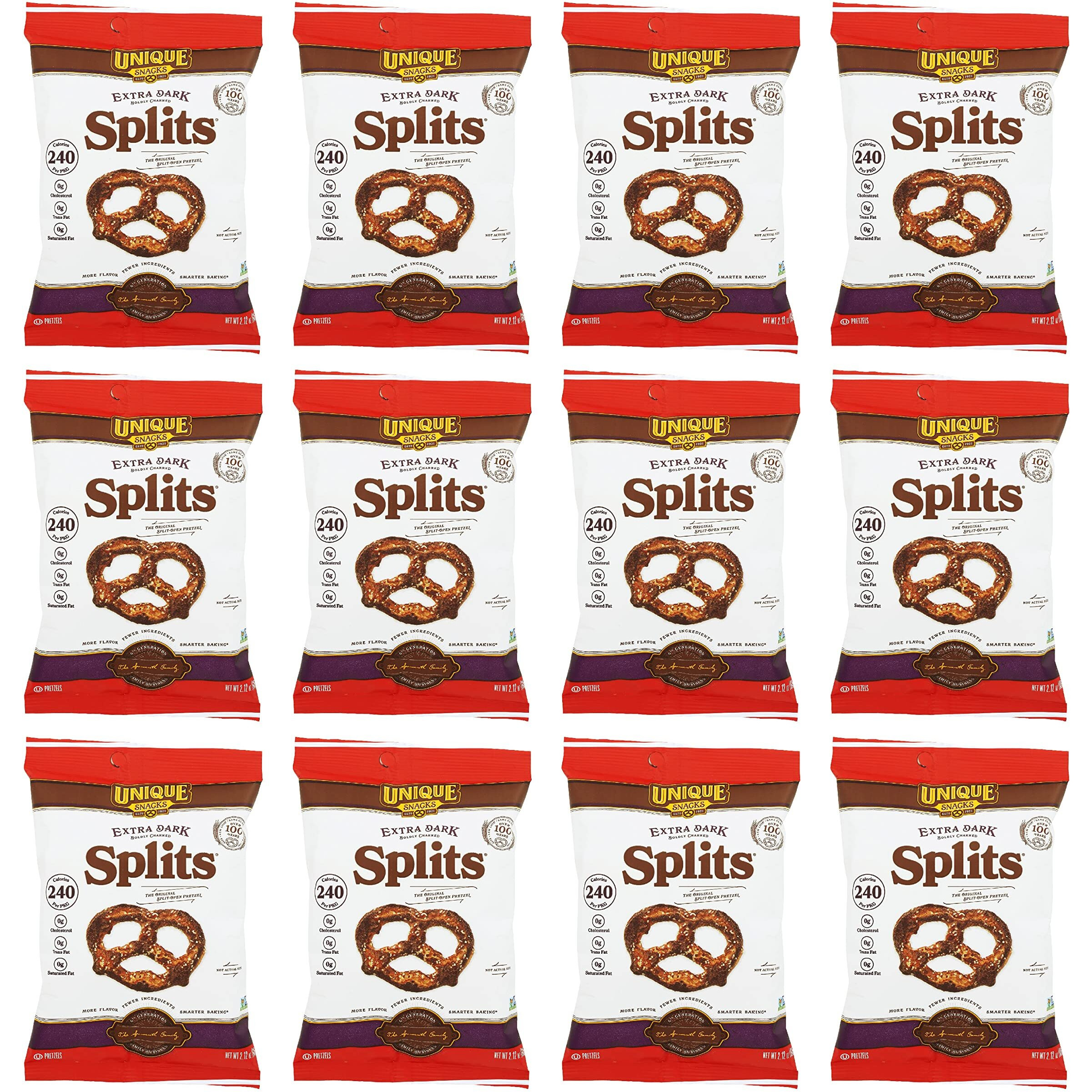 Unique Snacks Extra Dark Splits Pretzels, Original Split-Open Pretzels, Delicious Homestyle-Baked Snack Bag, Vegan, Ou Kosher, And Non-Gmo Food, No Artificial Flavor, 2.12 Oz. Bag, Pack Of 12
