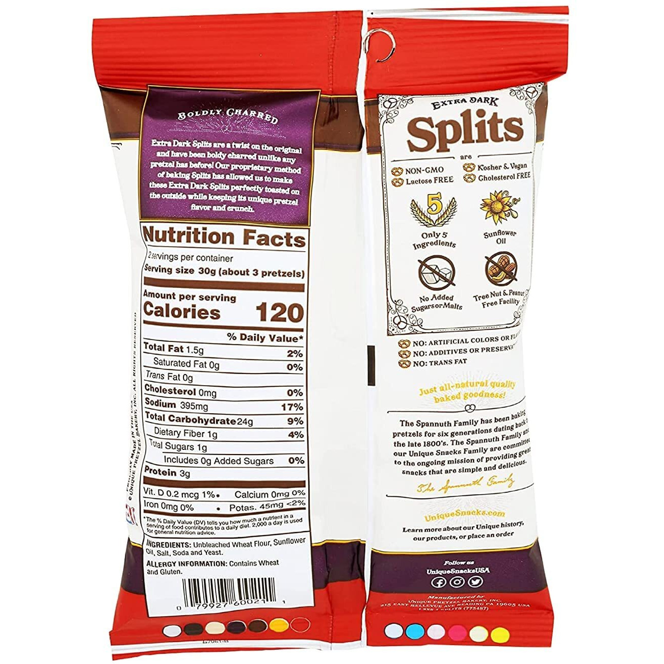 Unique Snacks Extra Dark Splits Pretzels, Original Split-Open Pretzels, Delicious Homestyle-Baked Snack Bag, Vegan, Ou Kosher, And Non-Gmo Food, No Artificial Flavor, 2.12 Oz. Bag, Pack Of 12
