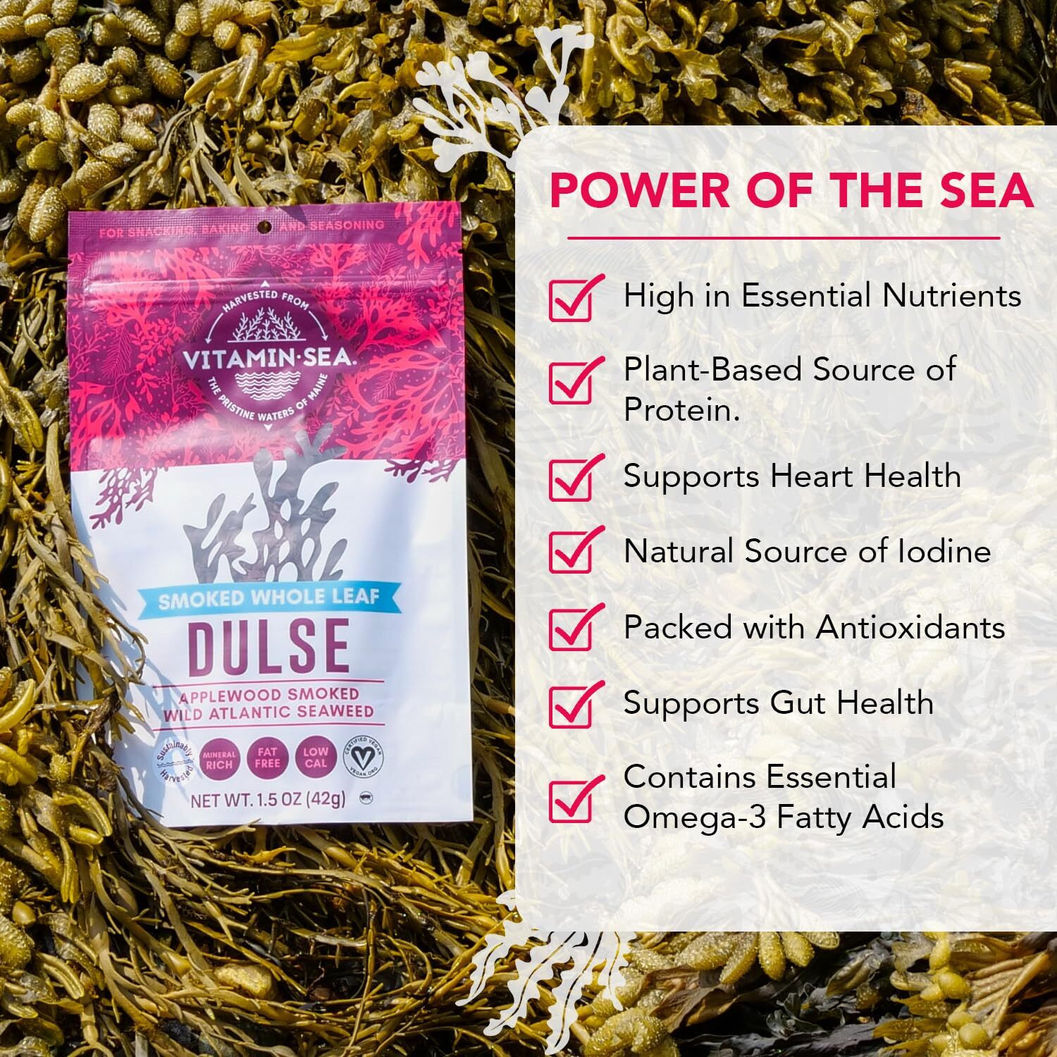Vitaminsea Applewood Smoked Dulse | Wild North Atlantic Dried Seaweed For Snacking, Seasoning, Soups & Salads | Rich In Vitamins, Minerals & Antioxidants Great For Thyroid Support | Whole Leaf (8 Oz)