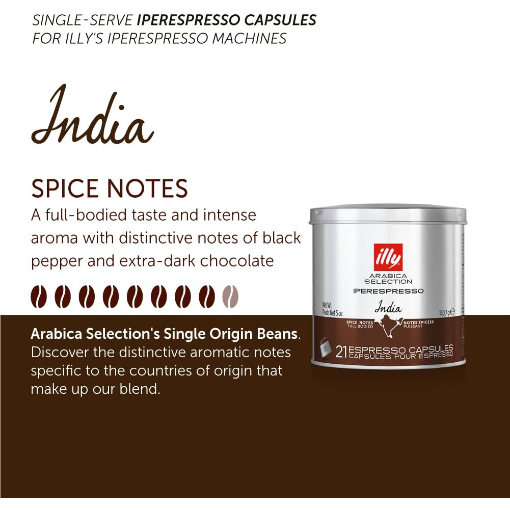 Illy Coffee, Arabica Selection India Espresso Capsules, Single Origin, For Brewing With Iperespresso Capsule Machines, 21 Count (Pack Of 1)