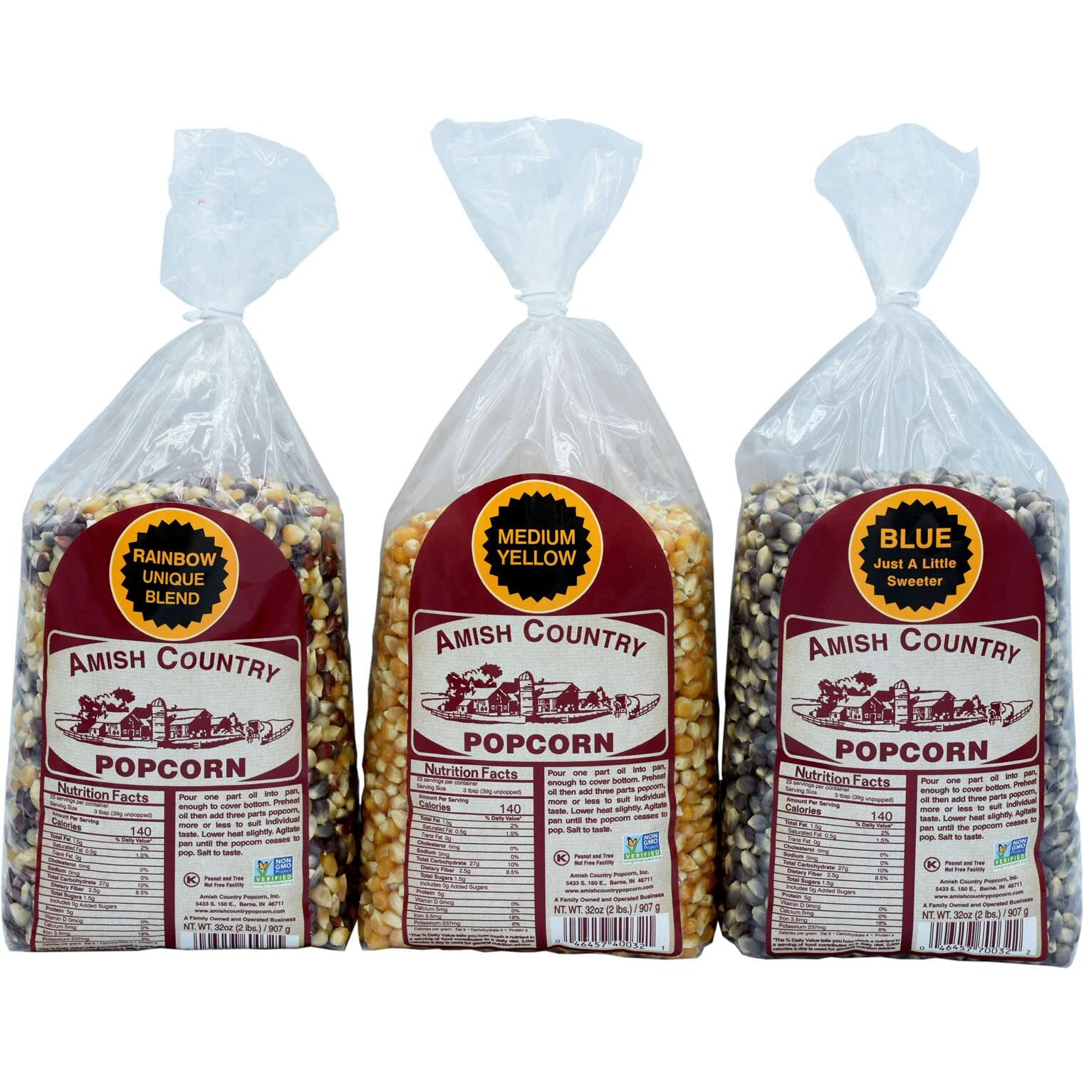 Amish Country Popcorn | 3-2 Lb Bags - Rainbow, Medium Yellow & Blue Kernels | Old Fashioned, Non-Gmo And Gluten Free