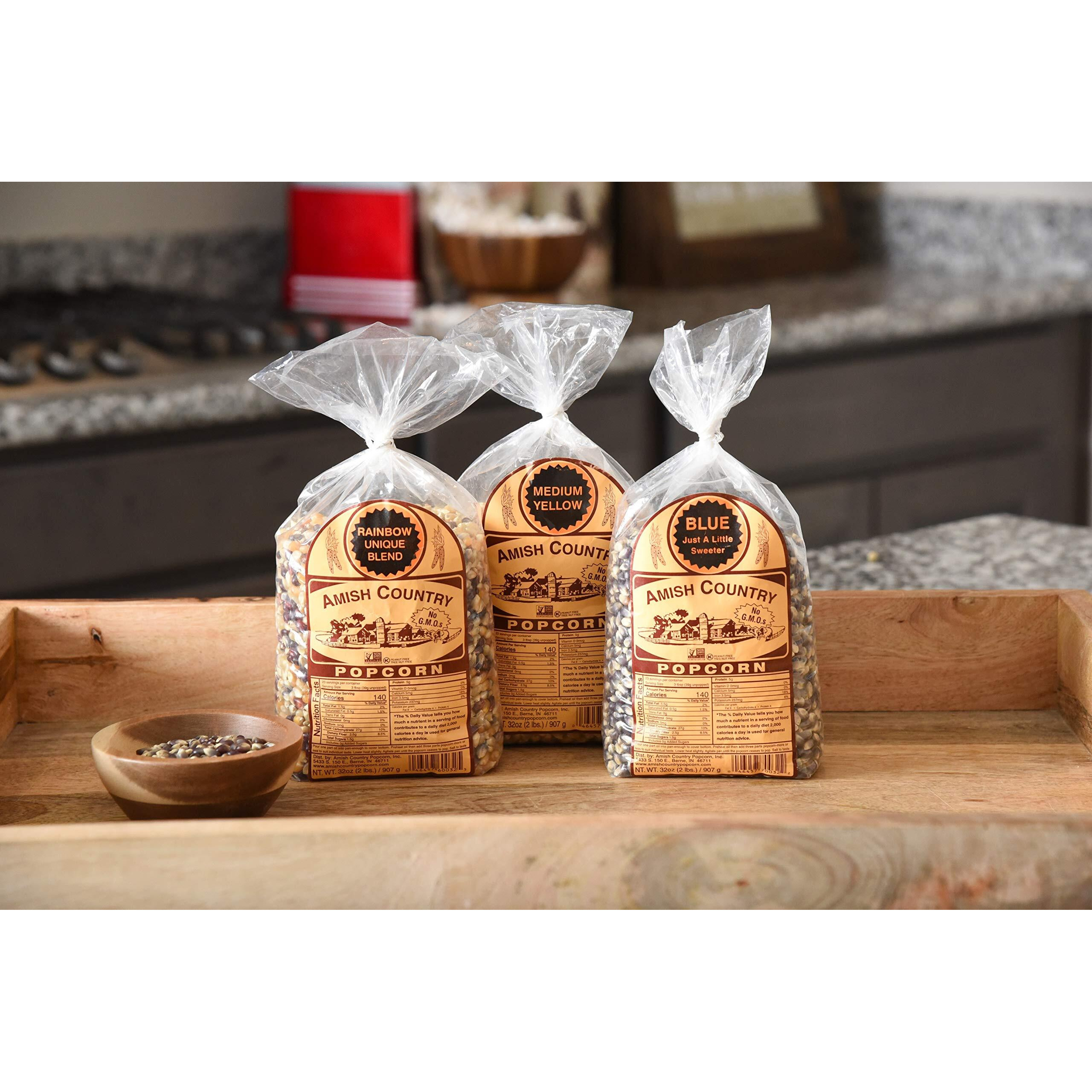 Amish Country Popcorn | 3-2 Lb Bags - Rainbow, Medium Yellow & Blue Kernels | Old Fashioned, Non-Gmo And Gluten Free