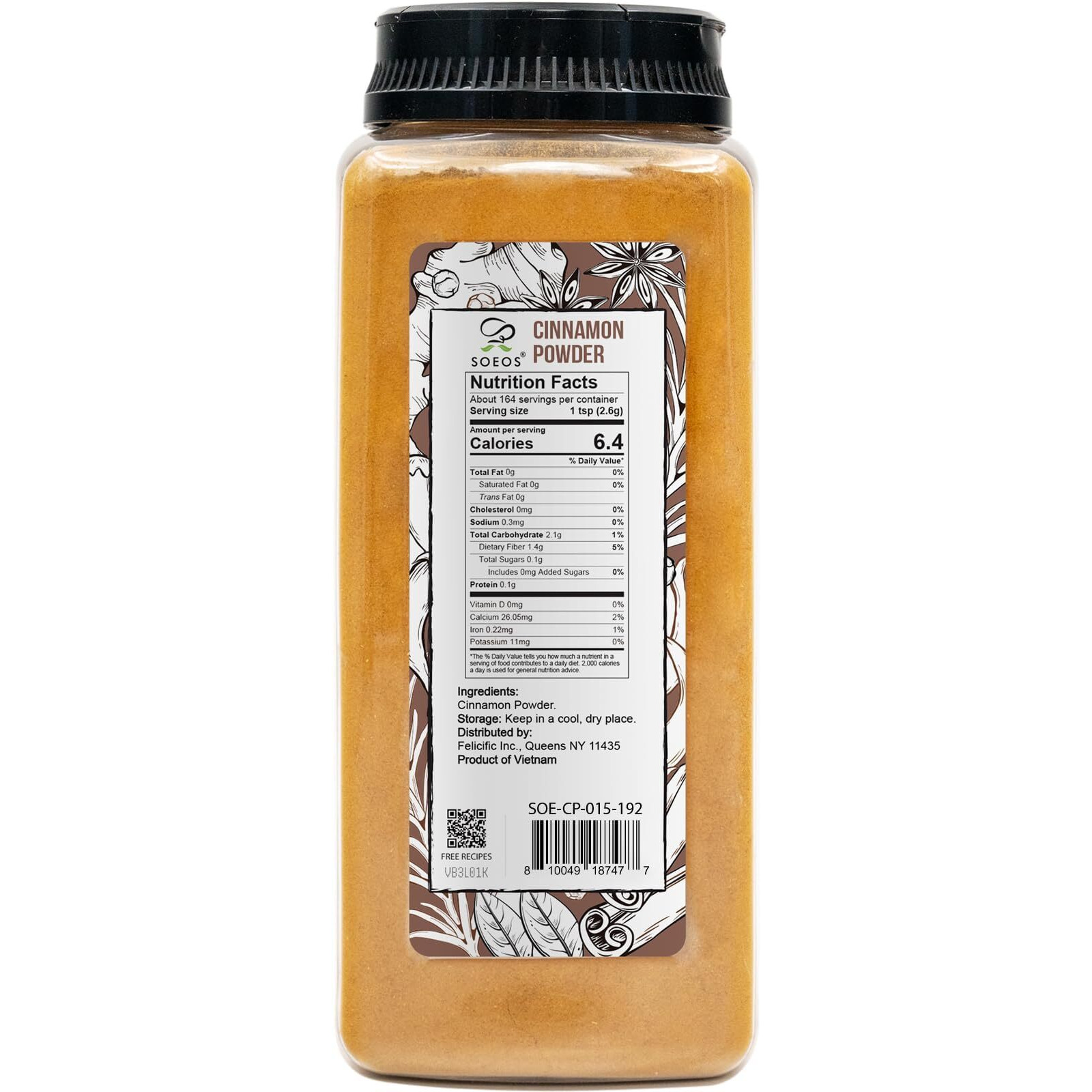 Soeos Cinnamon Powder, Cinnamon, Ground Cinnamon, Cinnamon Sticks, 100% Raw, Non-Gmo, Kosher Certified, Cinnamon Seasoning Spice For Coffee, Baking, Cooking And Beverages 15 Oz (425G)