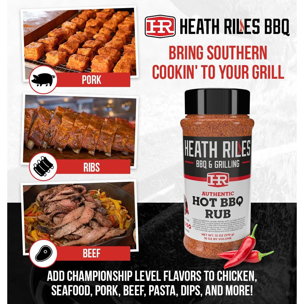 Heath Riles Bbq Rub, Hot Bbq Rub Seasoning, Champion Pitmaster Recipe, Shaker Spice Mix, 13 Oz.