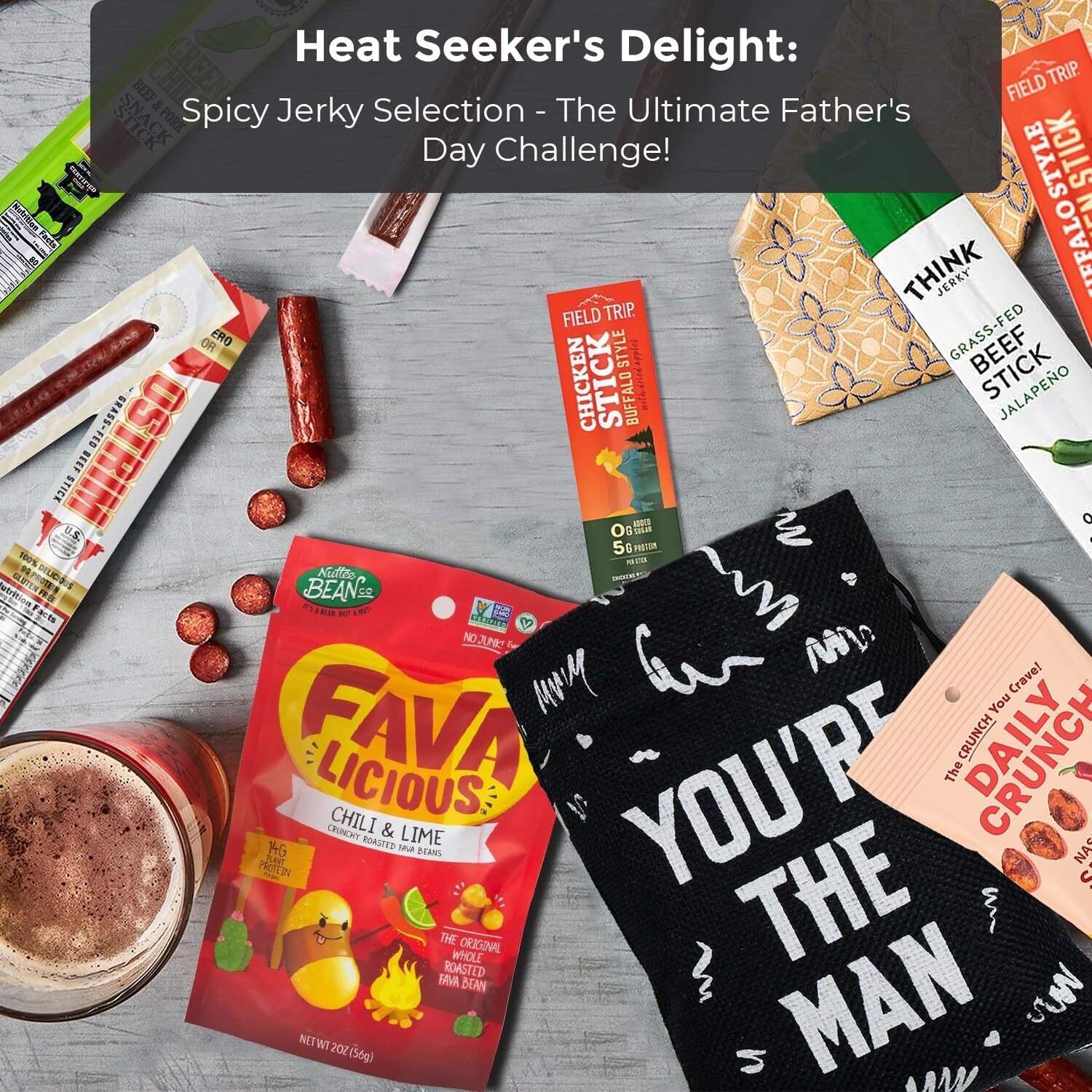 Spicy Jerky And Nuts Prefilled Gift Bag For Men - You'Re The Man Bag Includes Variety Of Beef And Chicken Sticks And Nuts - Great Gift For Men, Dad, Adults