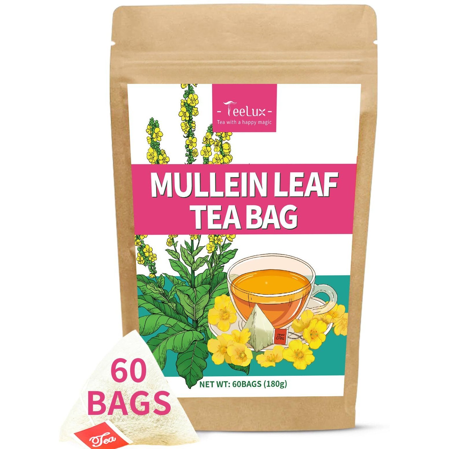 Teelux Mullein Leaf Tea Bags, 3G/Bag, Natural Mullein Leaves, Caffeine Free, Pure Mullein Herbal Tea, 60 Tea Bags