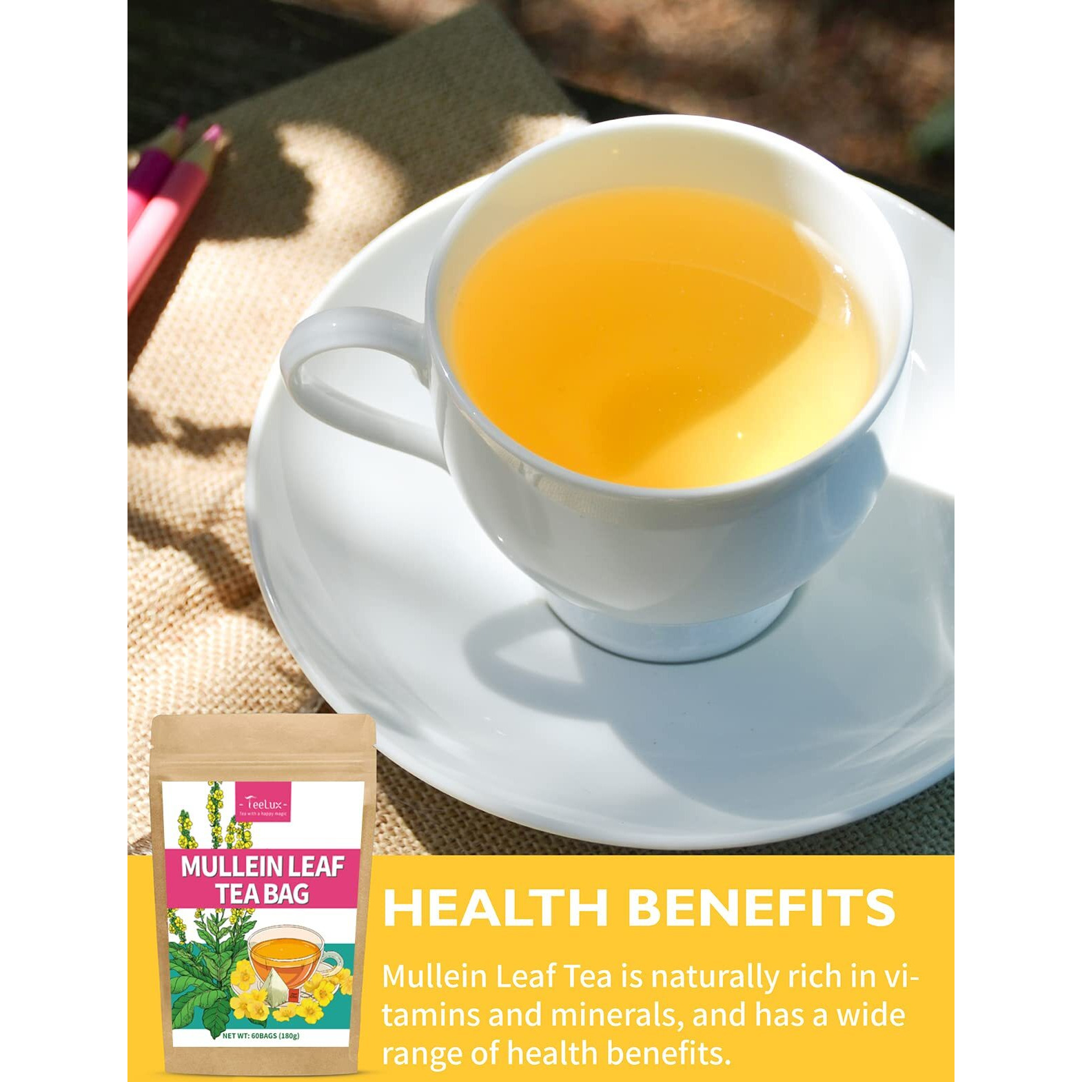 Teelux Mullein Leaf Tea Bags, 3G/Bag, Natural Mullein Leaves, Caffeine Free, Pure Mullein Herbal Tea, 60 Tea Bags