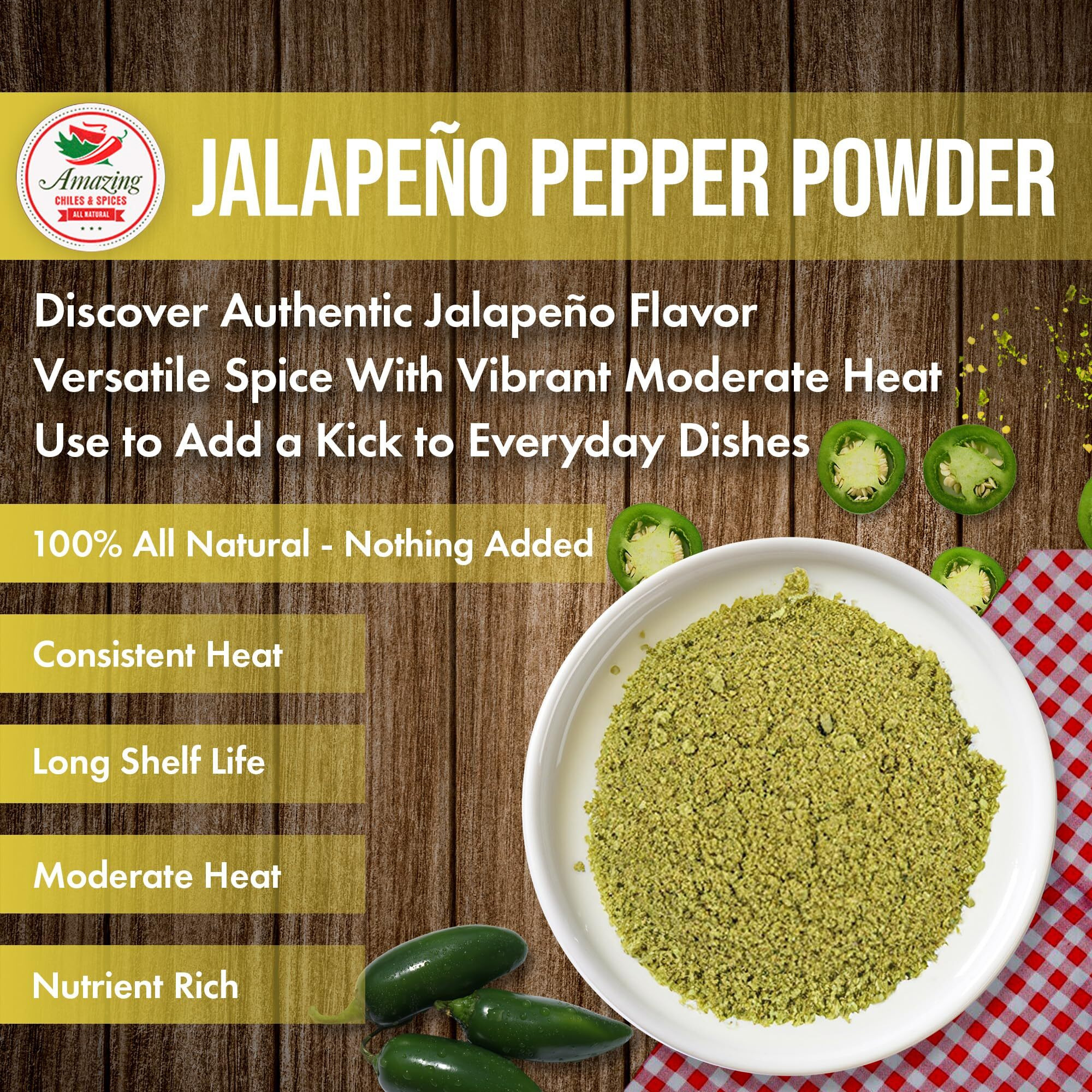 Jalapeno Powder Seasoning 8Oz - Natural And Premium. Great For Chili, Salsa, Spice Blends, Stews, Tacos, Corn Bread. Medium To High Heat - Fruity, Spicy Hot Flavor. By Amazing Chiles & Spices.