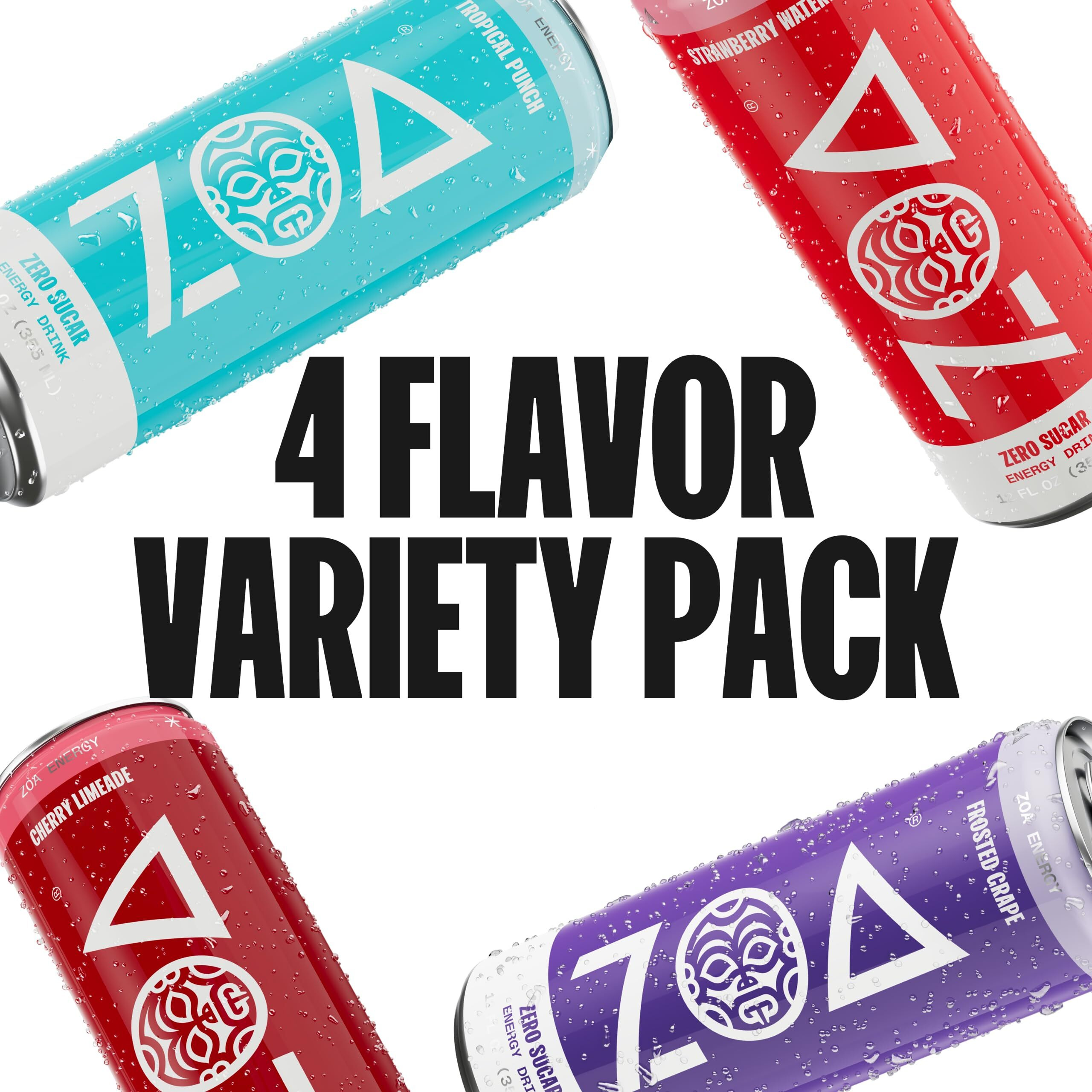 Zoa Zero Sugar Energy Drinks, Variety Pack - Sugar Free With Electrolytes, Healthy Vitamin C, Amino Acids, Essential B-Vitamins, And Caffeine From Green Tea - 12 Fl Oz (12-Pack)