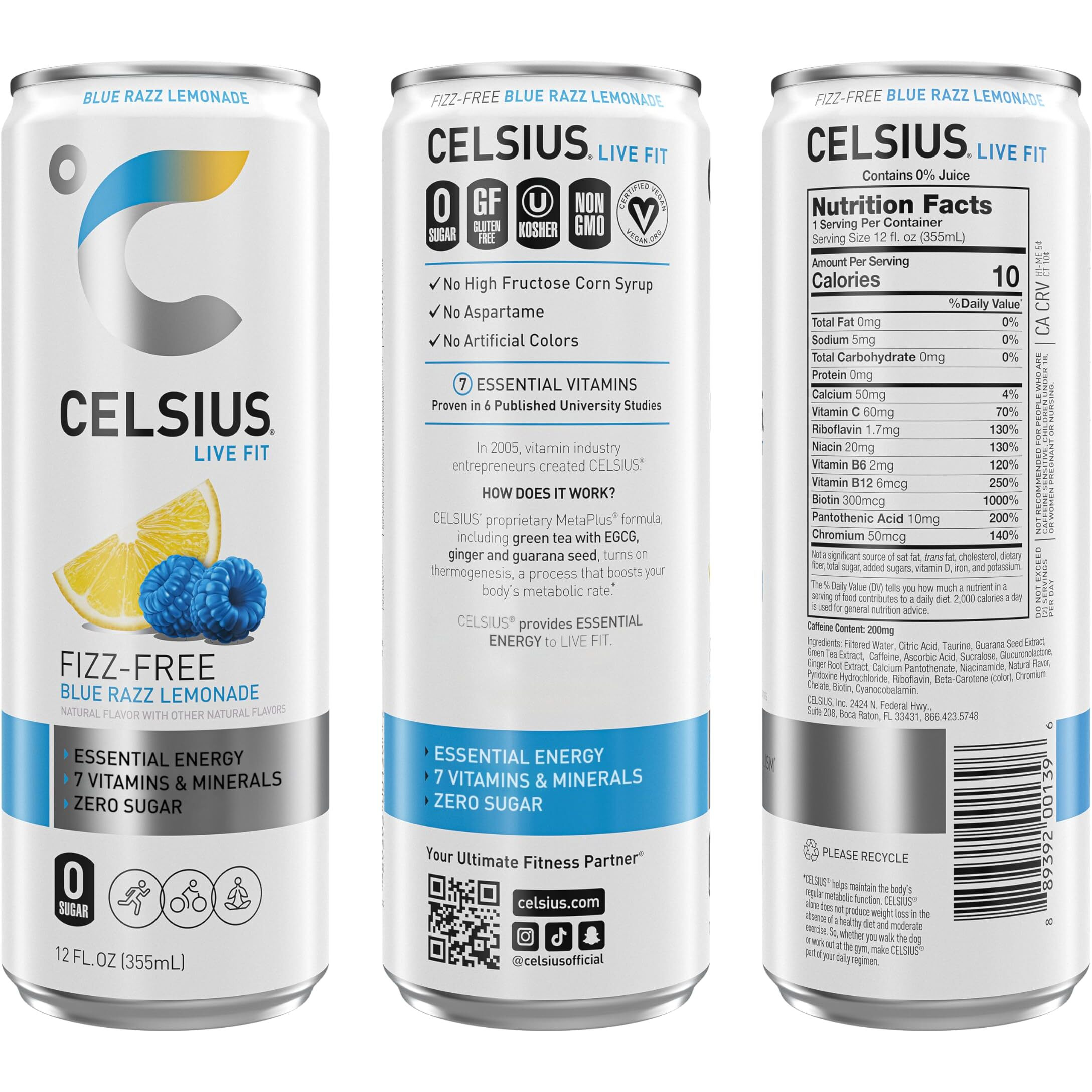 Celsius Fizz Free Blue Razz Lemonade, Functional Essential Energy Drink 12 Fl Oz (Pack Of 12)