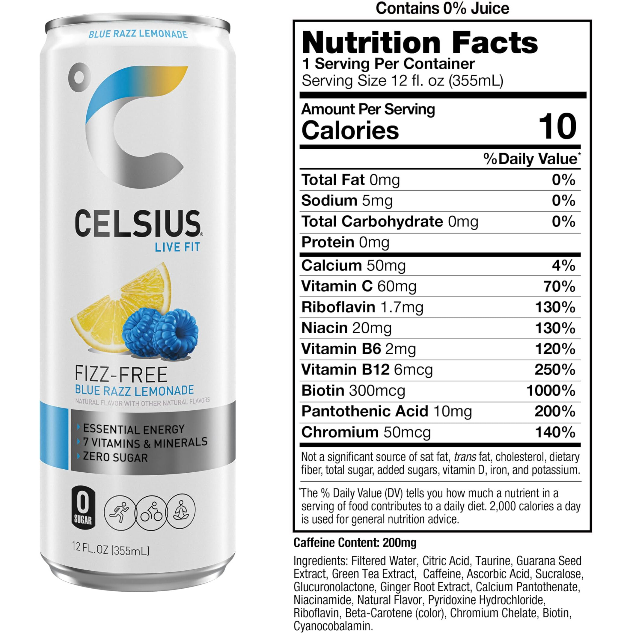 Celsius Fizz Free Blue Razz Lemonade, Functional Essential Energy Drink 12 Fl Oz (Pack Of 12)