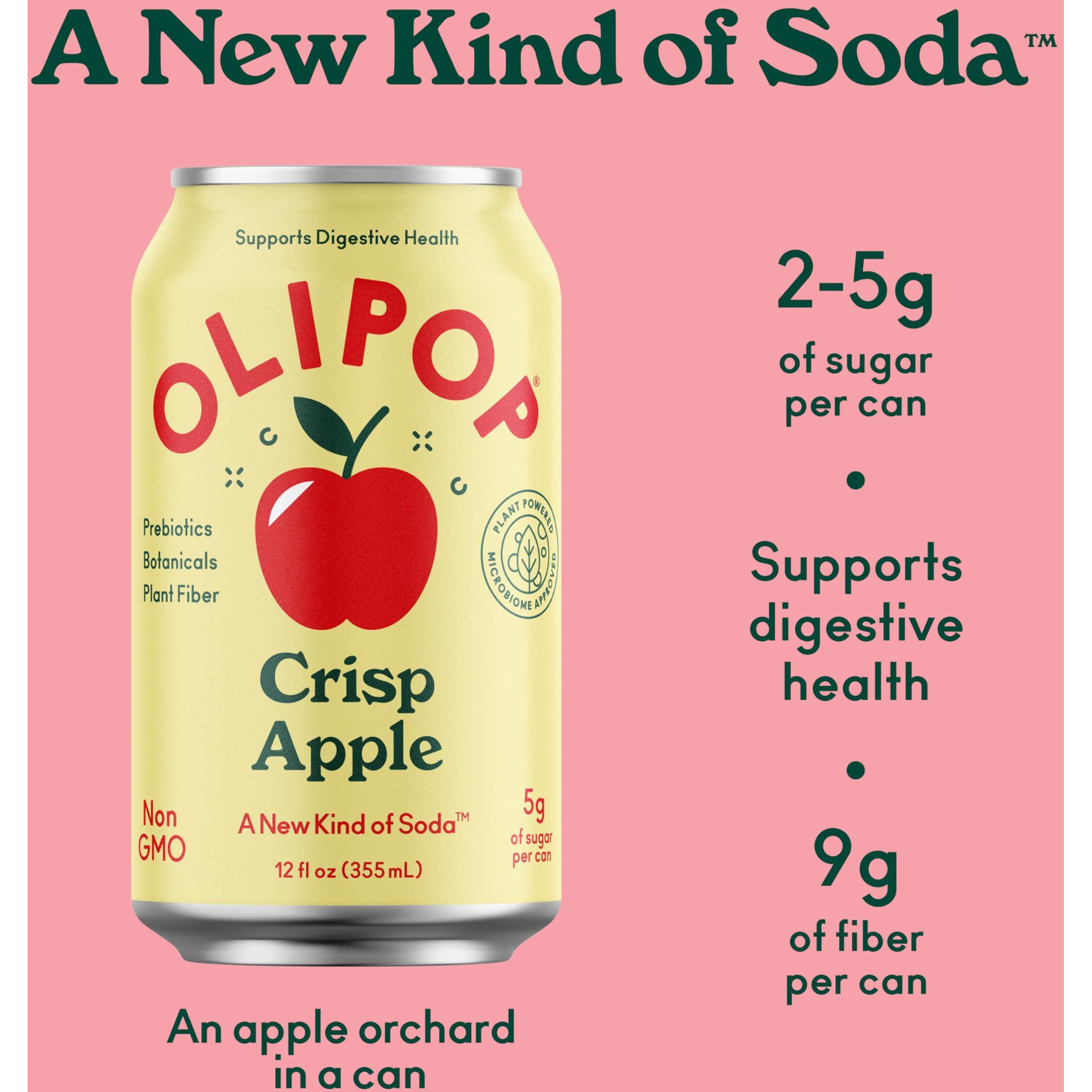 Olipop Prebiotic Soda Pop, Crisp Apple, A New Kind Of Soda Packed With Prebiotics, Fiber, And Botanicals, Gluten Free, Vegan, Gmo Free, 12Oz (12-Cans)