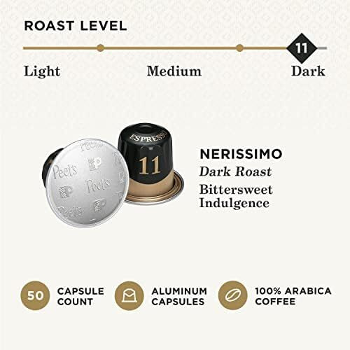 Peet's Coffee, Dark Roast Espresso Pods, Nerissimo Intensity 11, 50 Count (5 Boxes Of 10 Espresso Capsules)