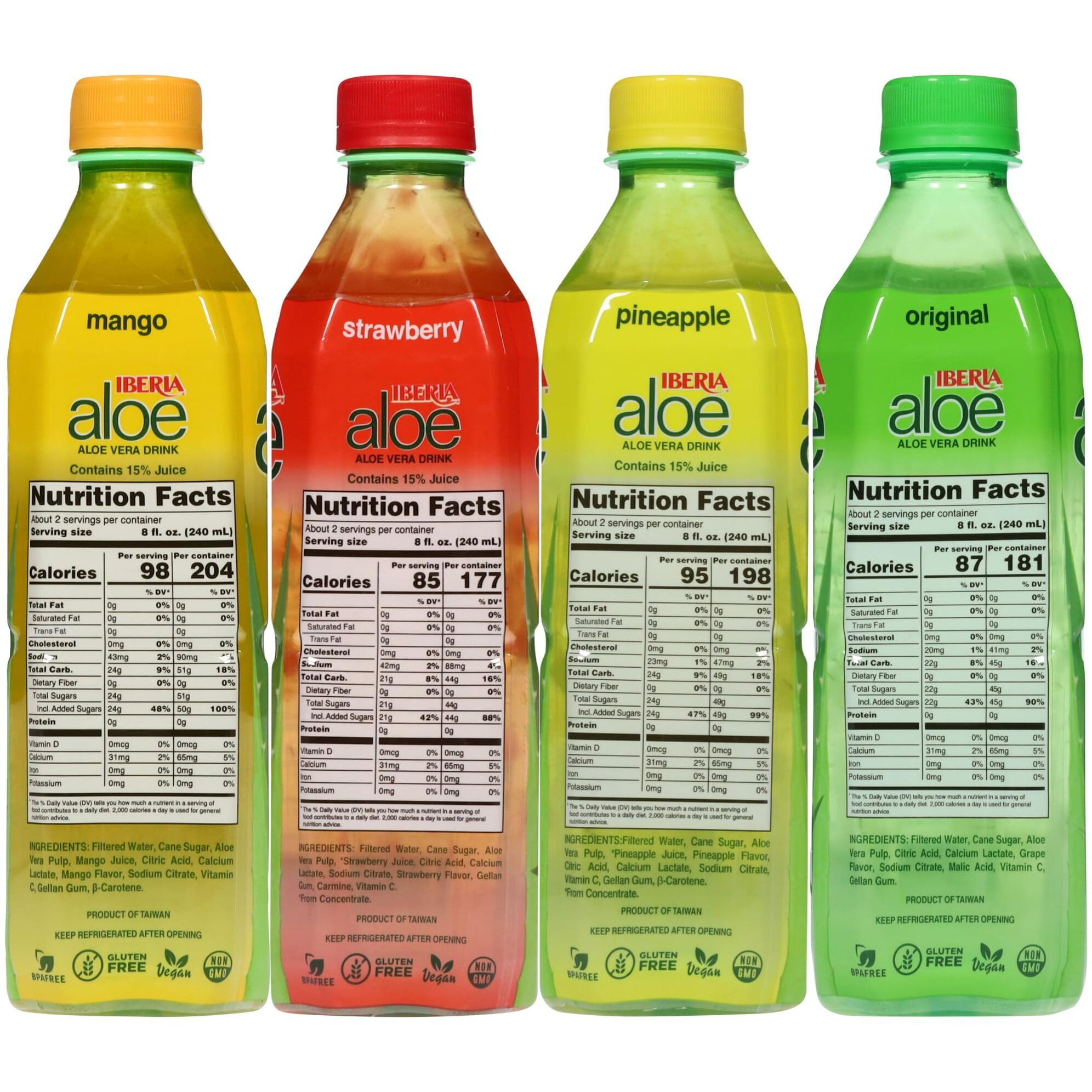 Iberia Aloe Vera Drink With Pure Aloe Pulp, Variety, (Pack Of 8) 2 X Original, 2 X Mango, 2 X Pineapple, 2 X Strawberry