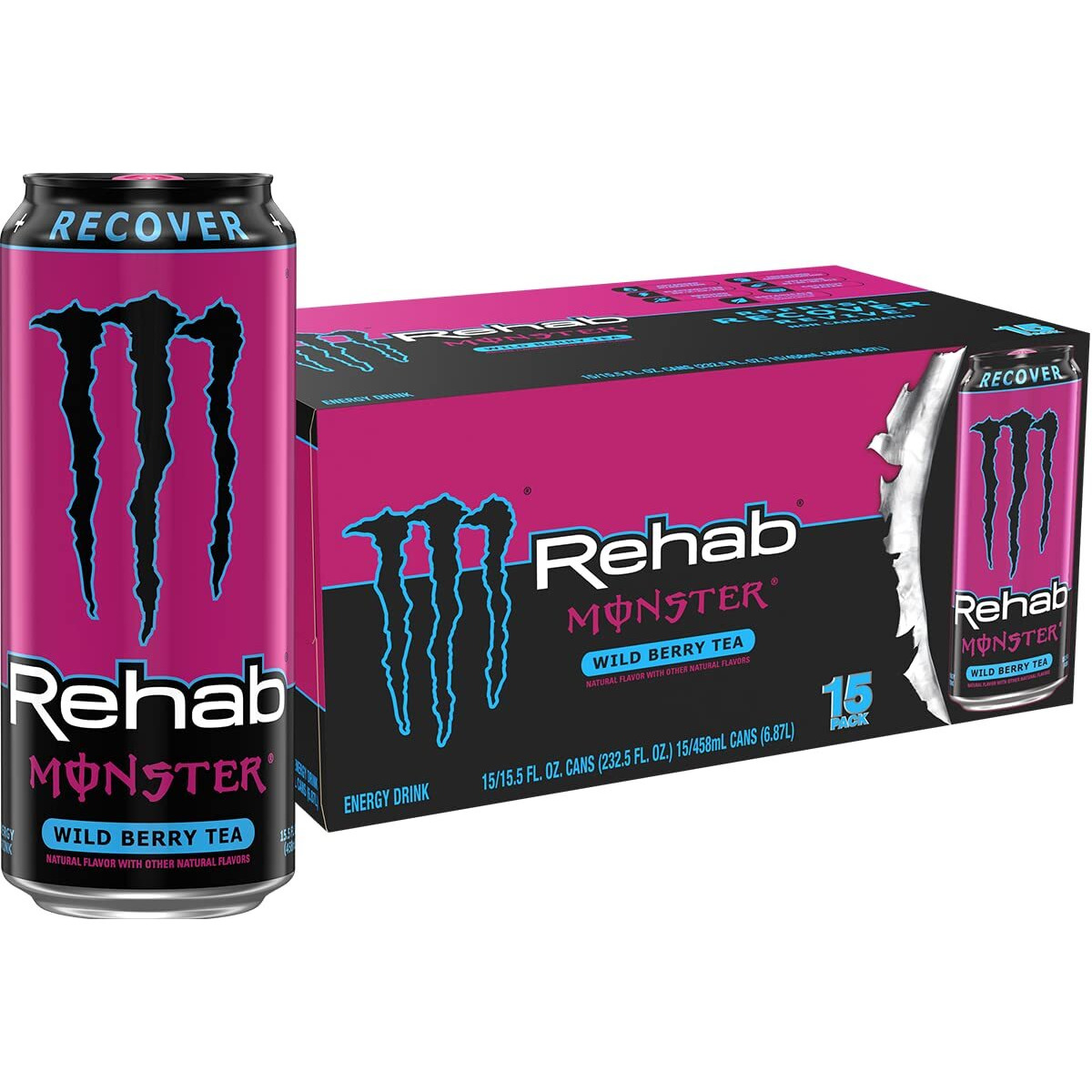 Monster Rehab Wild Berry Tea + Energy, Energy Iced Tea, Energy Drink, 15.5 Ounce (Pack Of 15),(Package May Vary)