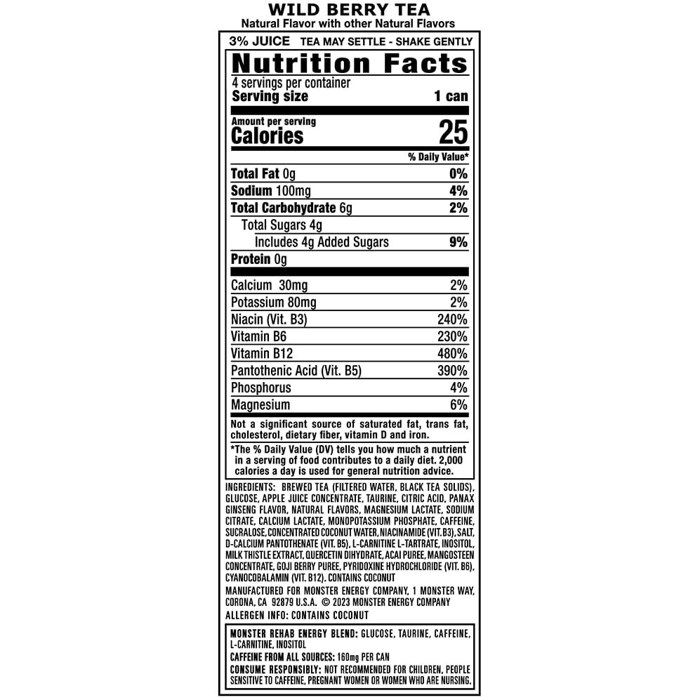 Monster Rehab Wild Berry Tea + Energy, Energy Iced Tea, Energy Drink, 15.5 Ounce (Pack Of 15),(Package May Vary)