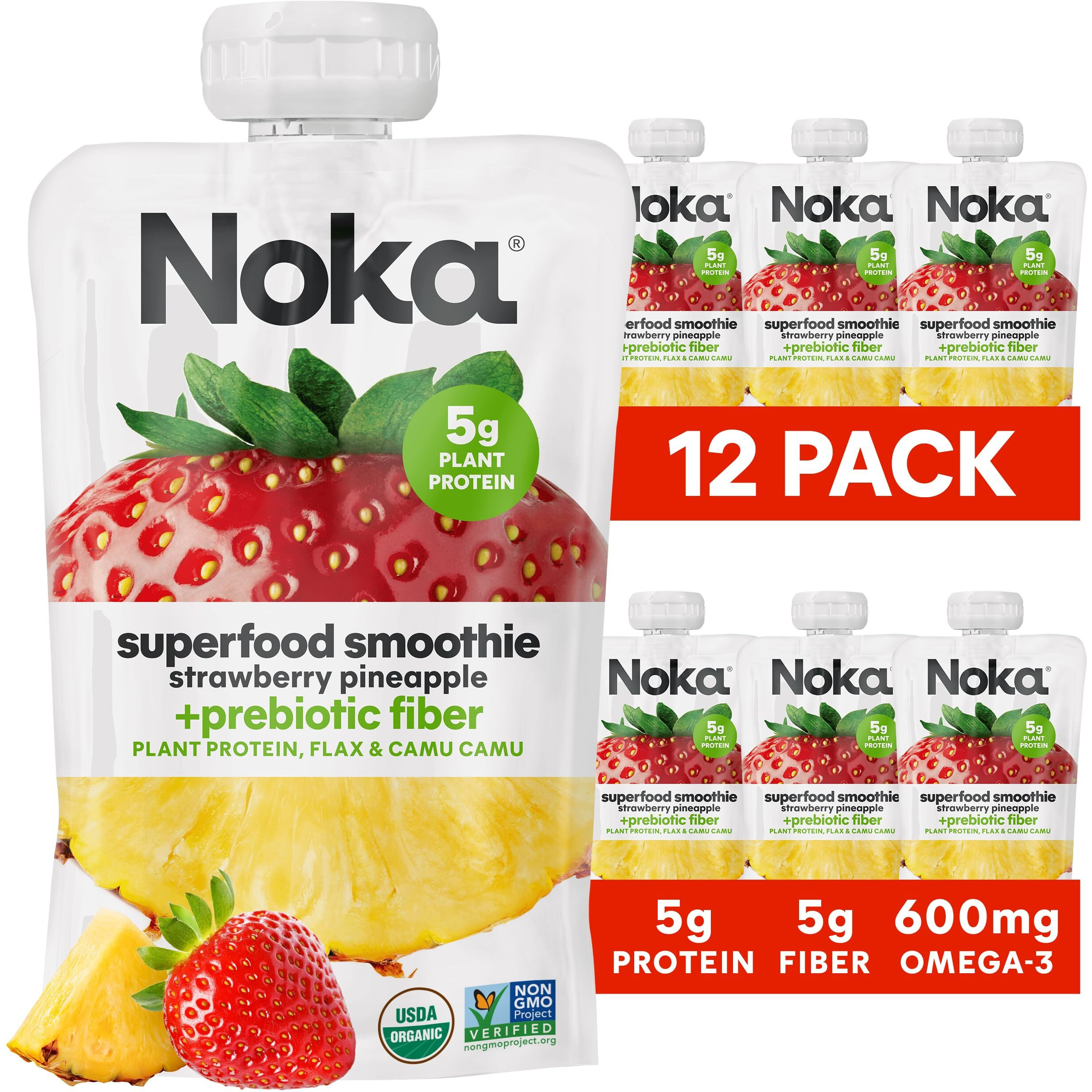 Noka Superfood Fruit Smoothie Pouches, Strawberry Pineapple, Healthy Snacks With Flax Seed, Prebiotic Fiber And Plant Protein, Vegan And Gluten Free, Organic Squeeze Pouch, 4.22 Oz, 12 Count