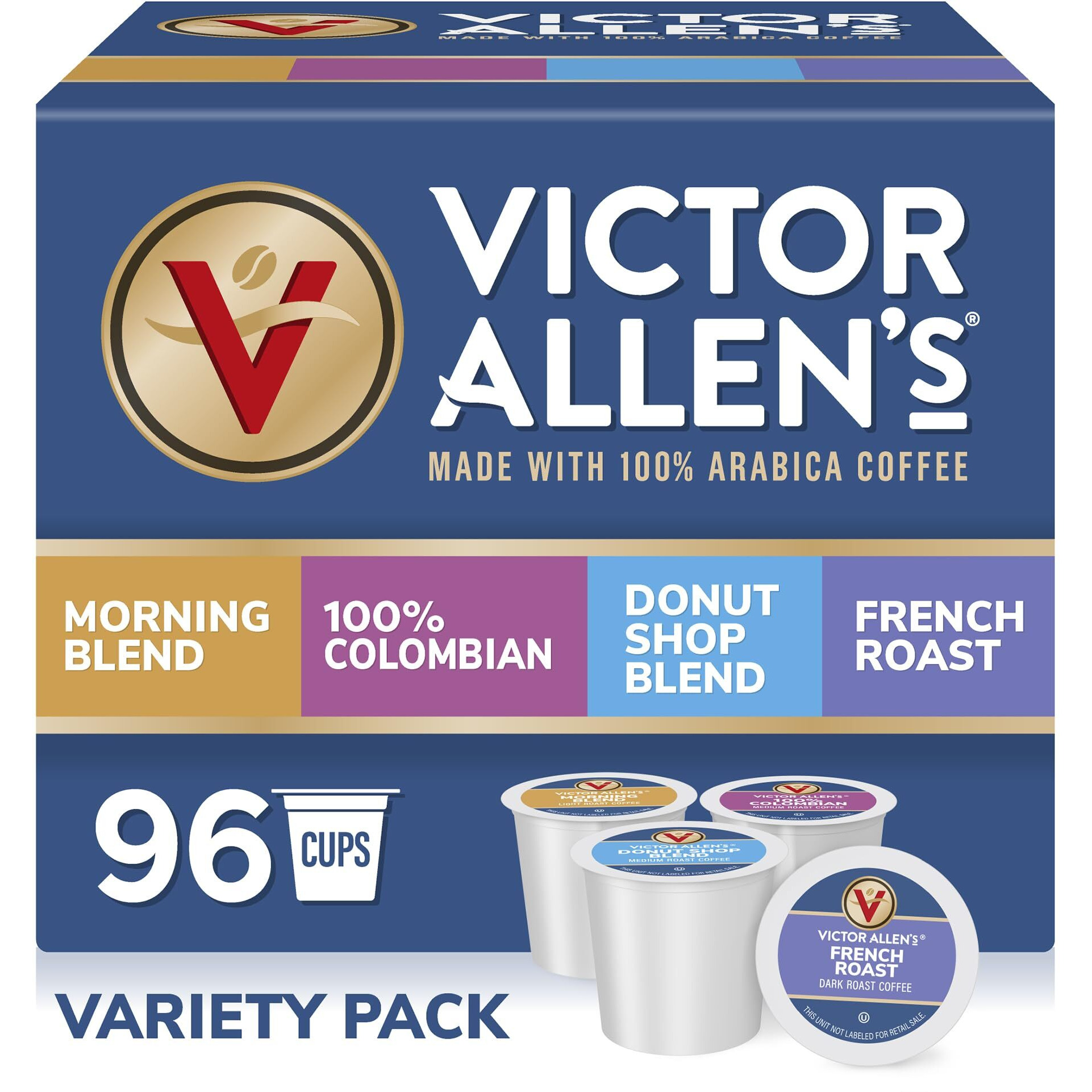 Victor Allen's Coffee Variety Pack (Morning Blend, 100% Colombian, Donut Shop Blend, And French Roast), 96 Count, Single Serve Coffee Pods For Keurig K-Cup Brewers