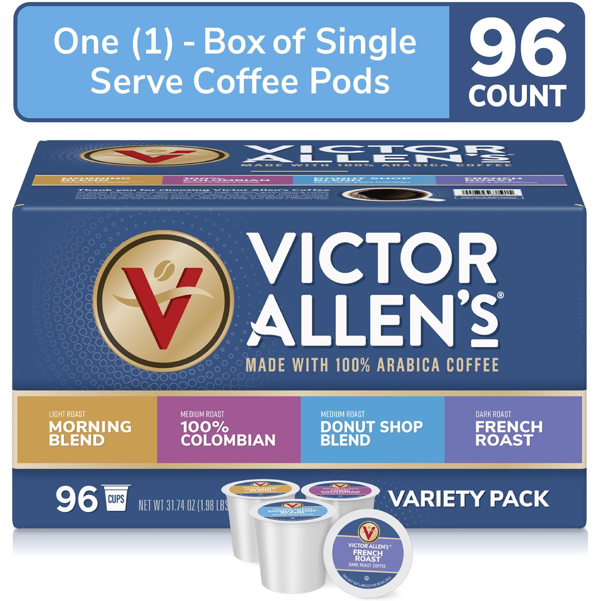 Victor Allen's Coffee Variety Pack (Morning Blend, 100% Colombian, Donut Shop Blend, And French Roast), 96 Count, Single Serve Coffee Pods For Keurig K-Cup Brewers