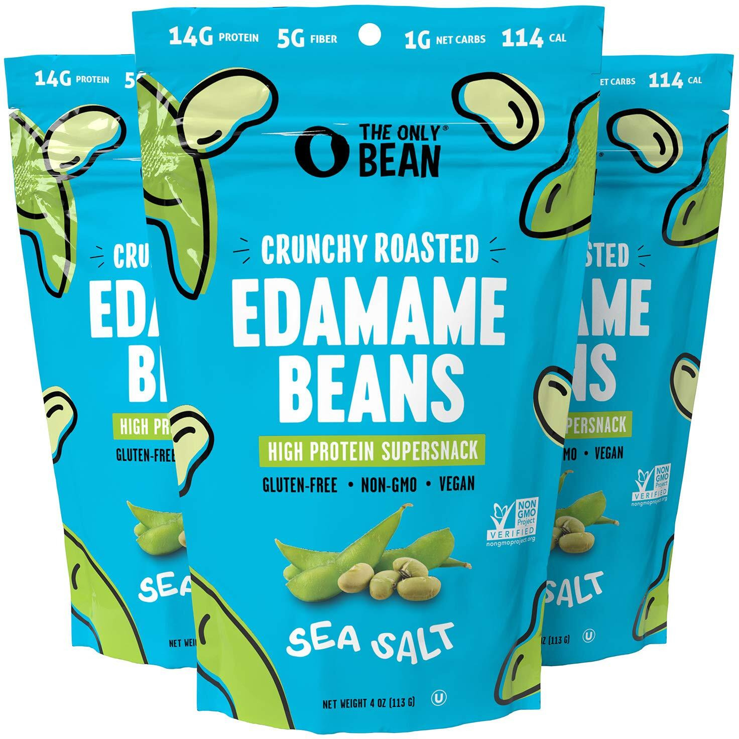 The Only Bean - Crunchy Roasted Edamame Beans (Sea Salt) - Keto Snacks (2G Net) - High Protein Healthy Snacks (14G Protein) - Low Carb & Calorie, Gluten-Free Snack, Vegan Food - 4 Oz (3 Pack)
