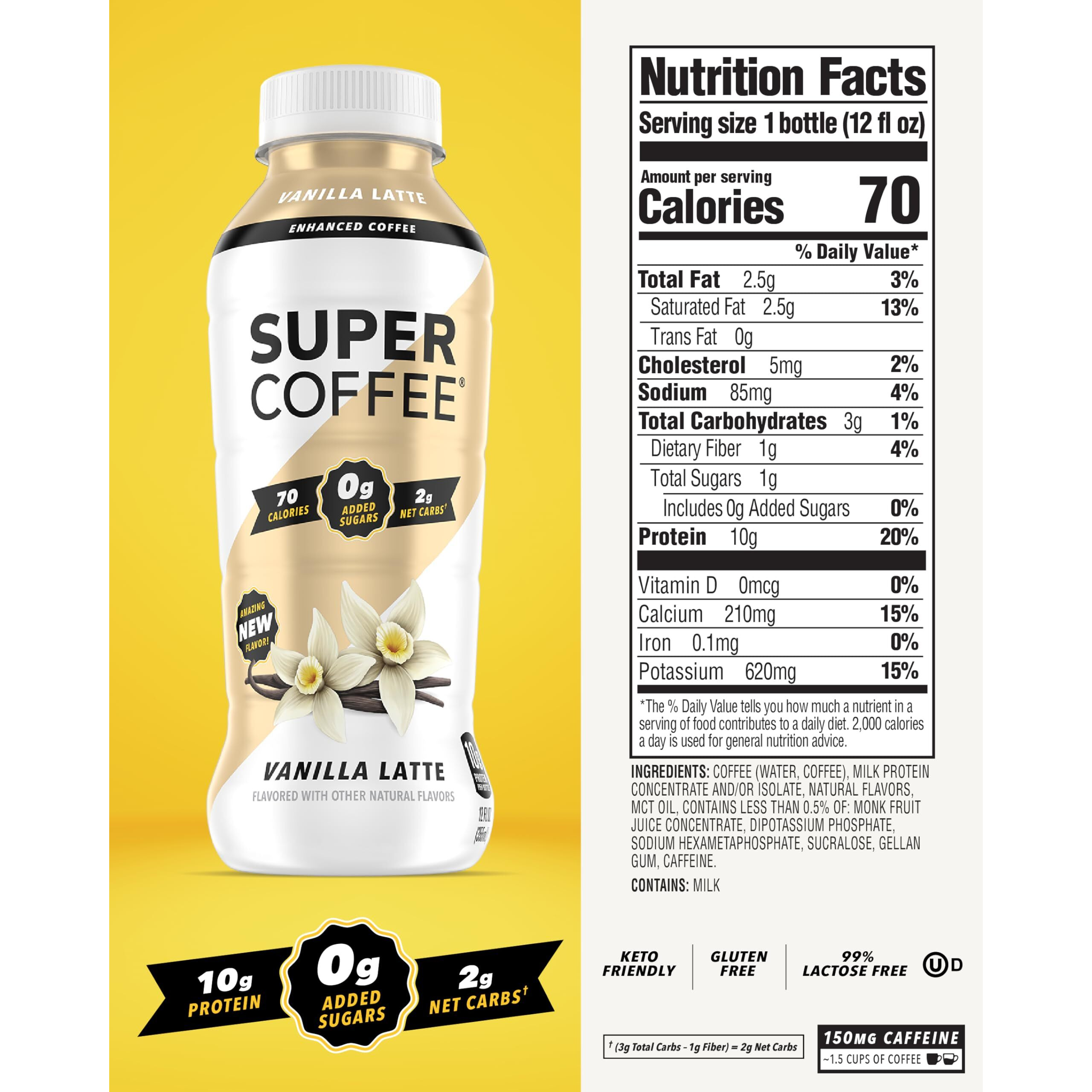 Super Coffee, Ready To Drink Iced Coffee, Vanilla Latte (12 Ounce Bottles, Pack Of 12) - Low Net Carbs, No Added Sugar, Keto Friendly, 10G Of Protein, Low Calorie, Protein Coffee, Smart Coffee