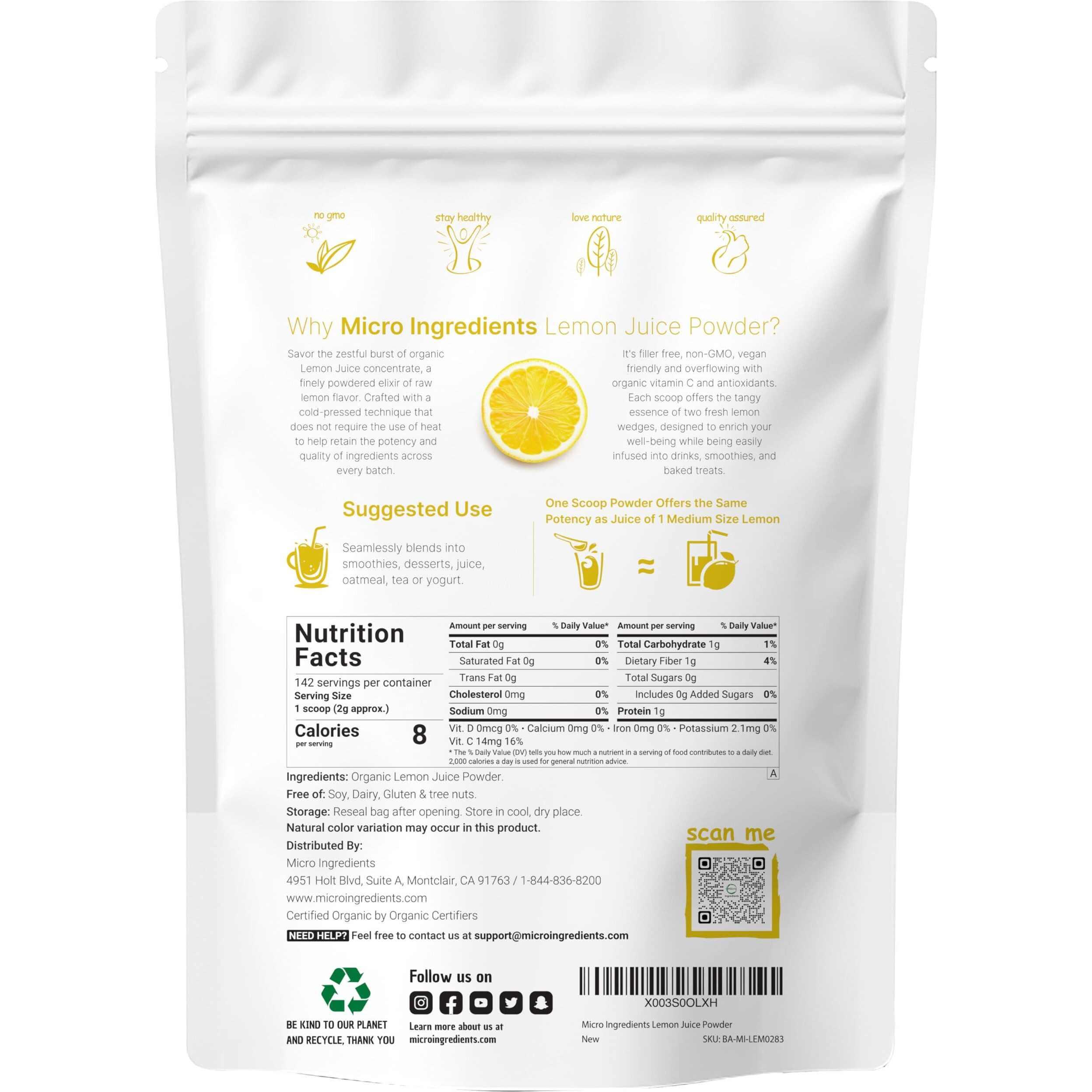 Organic Lemon Juice Powder, 10 Ounce | 100% Natural Fruit Powder | Cold Pressed Lemons Source | No Sugar & Additives | Great Flavor For Drinks, Smoothie, & Beverages | Non-Gmo & Vegan Friendly