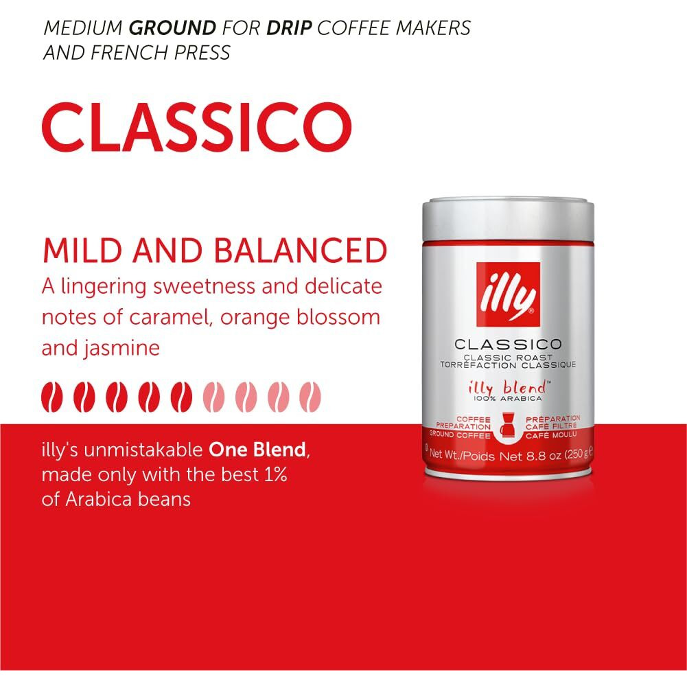 Illy Drip Coffee - Ground Coffee - 100% Arabica Ground Coffee - Classico Medium Roast - Notes Of Caramel, Orange Blossom & Jasmine - No Preservatives - Mild & Balanced - 8.8 Ounce (Pack Of 6)