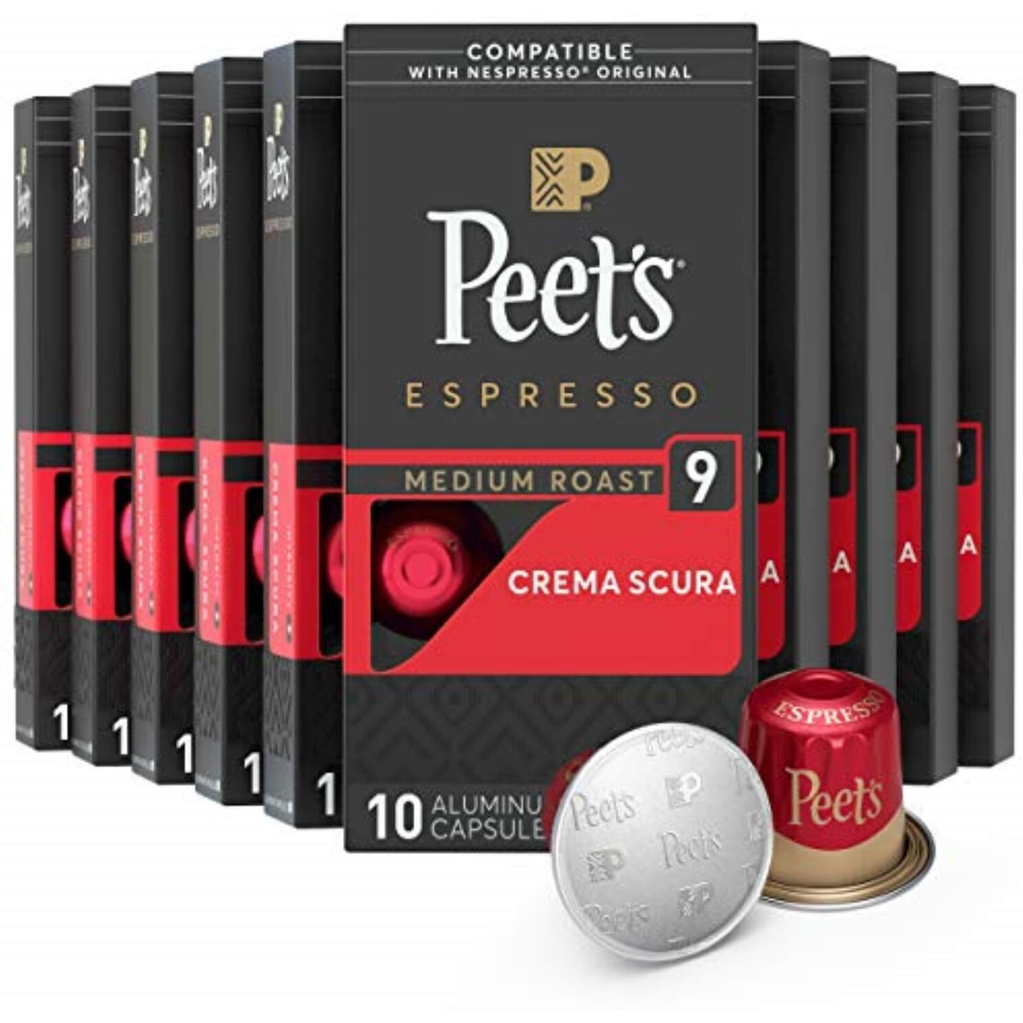Peet's Coffee, Medium Roast Espresso Pods, Crema Scura Intensity 9, 100 Count (10 Boxes Of 10 Espresso Capsules)
